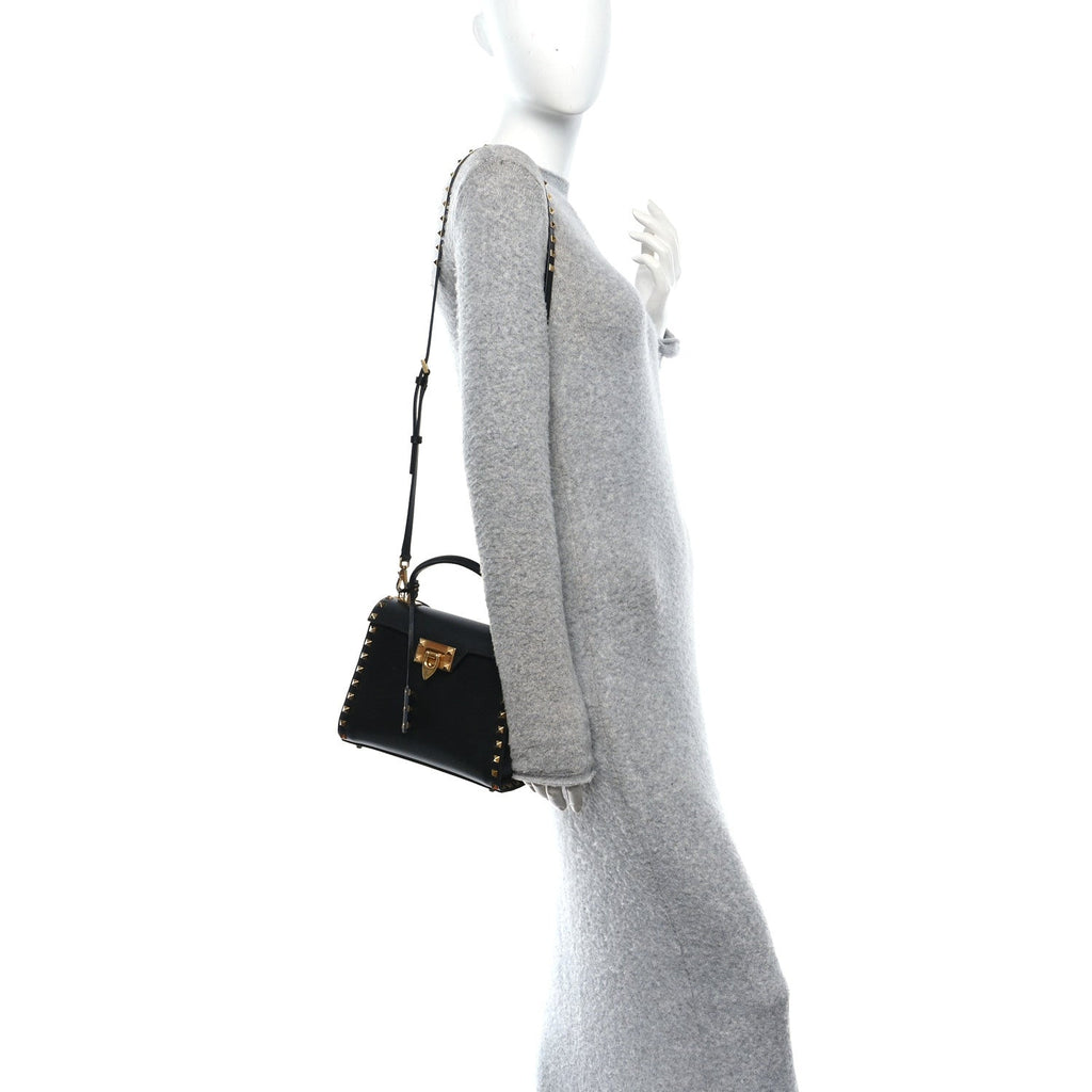 Grainy Calfskin Small Rockstud Alcove Top-Handle Flap Bag Black