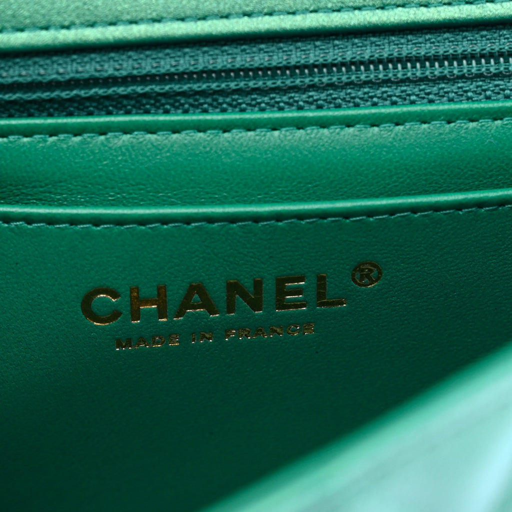 Iridescent Lambskin Quilted Mini Rectangular Flap Green