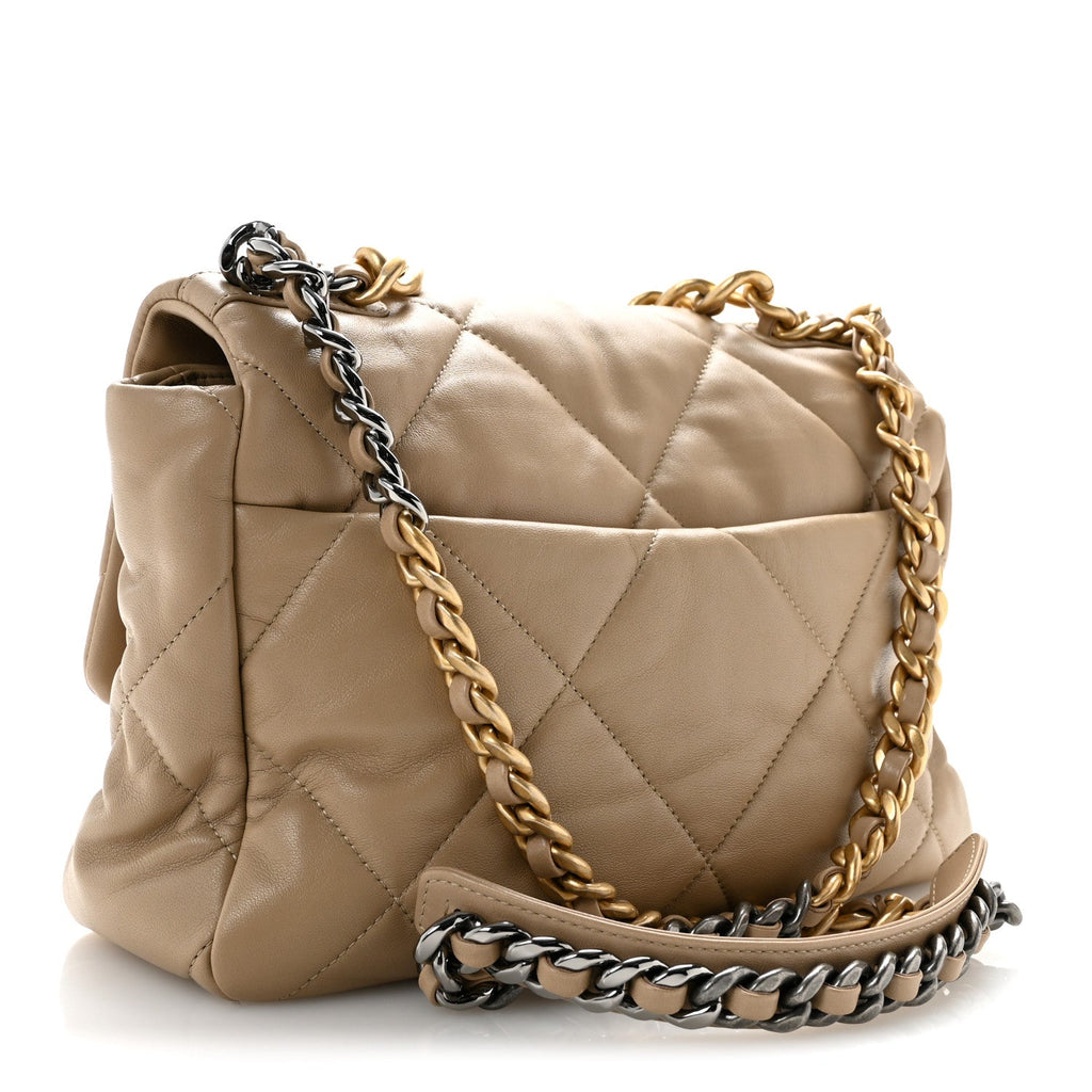 Lambskin Quilted Large Chanel 19 Flap Dark Beige