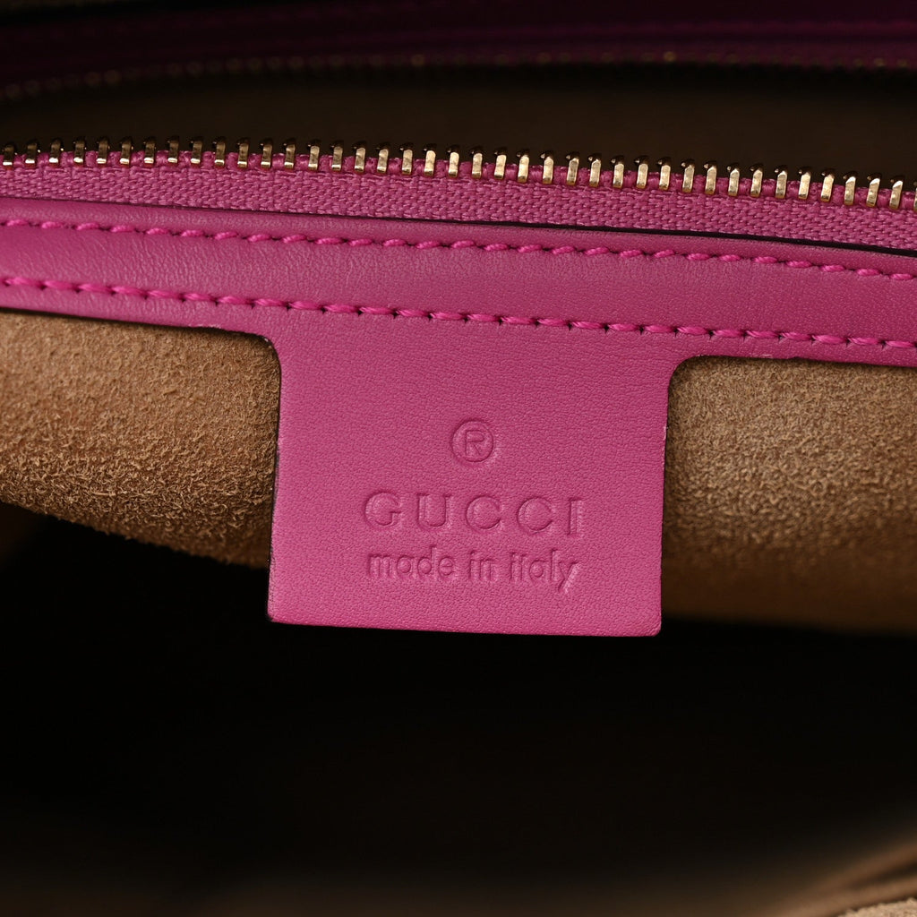 GG Supreme Monogram Medium Zippered Bucket Tote Beige Hibiscus Red New Rosette