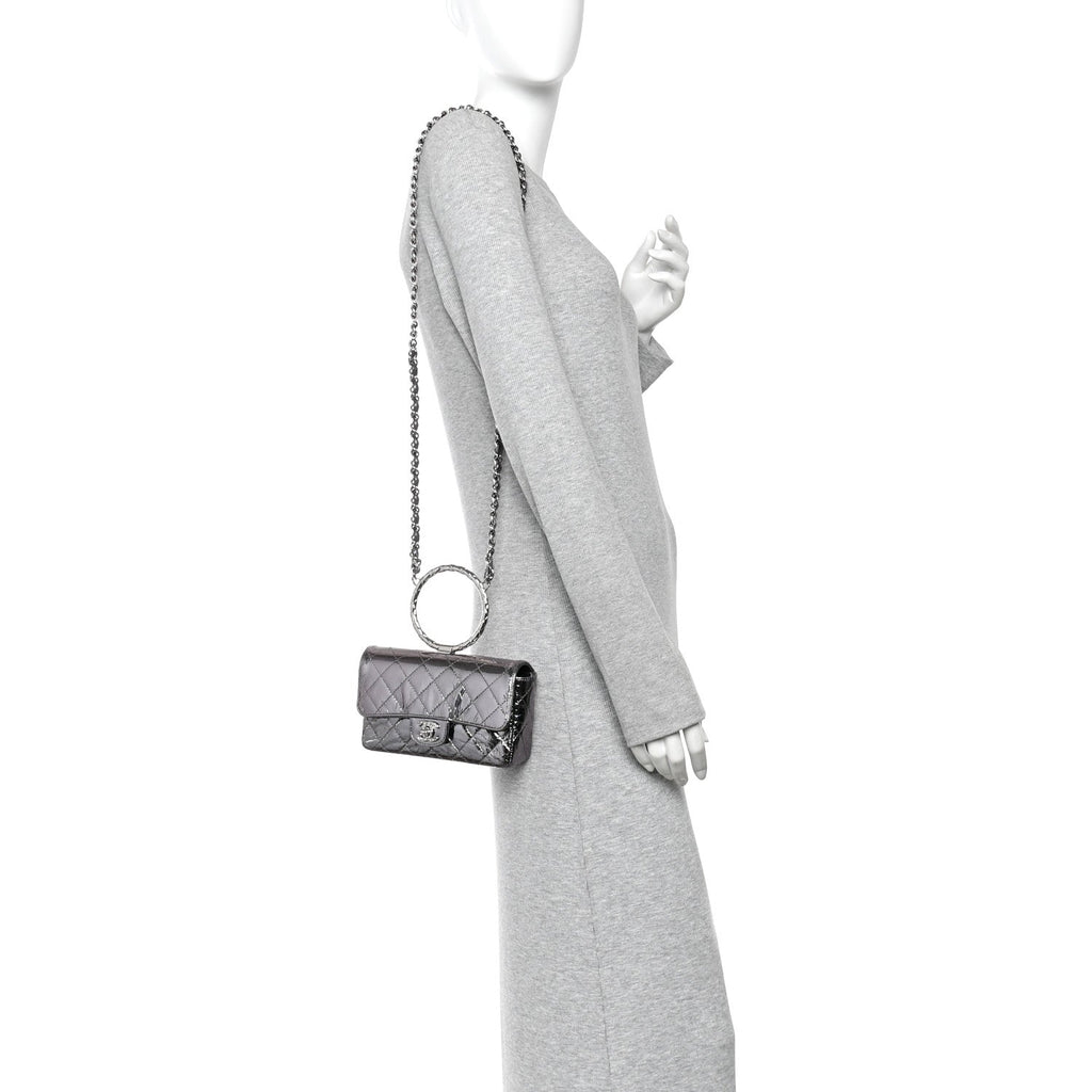 Crumpled Metallic Calfskin Quilted Ring Handle Mini Flap Silver