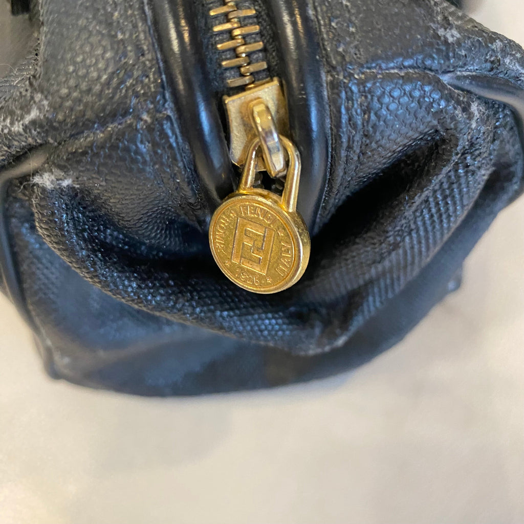 FENDI Vintage Black Striped Canvas Small Boston Handbag