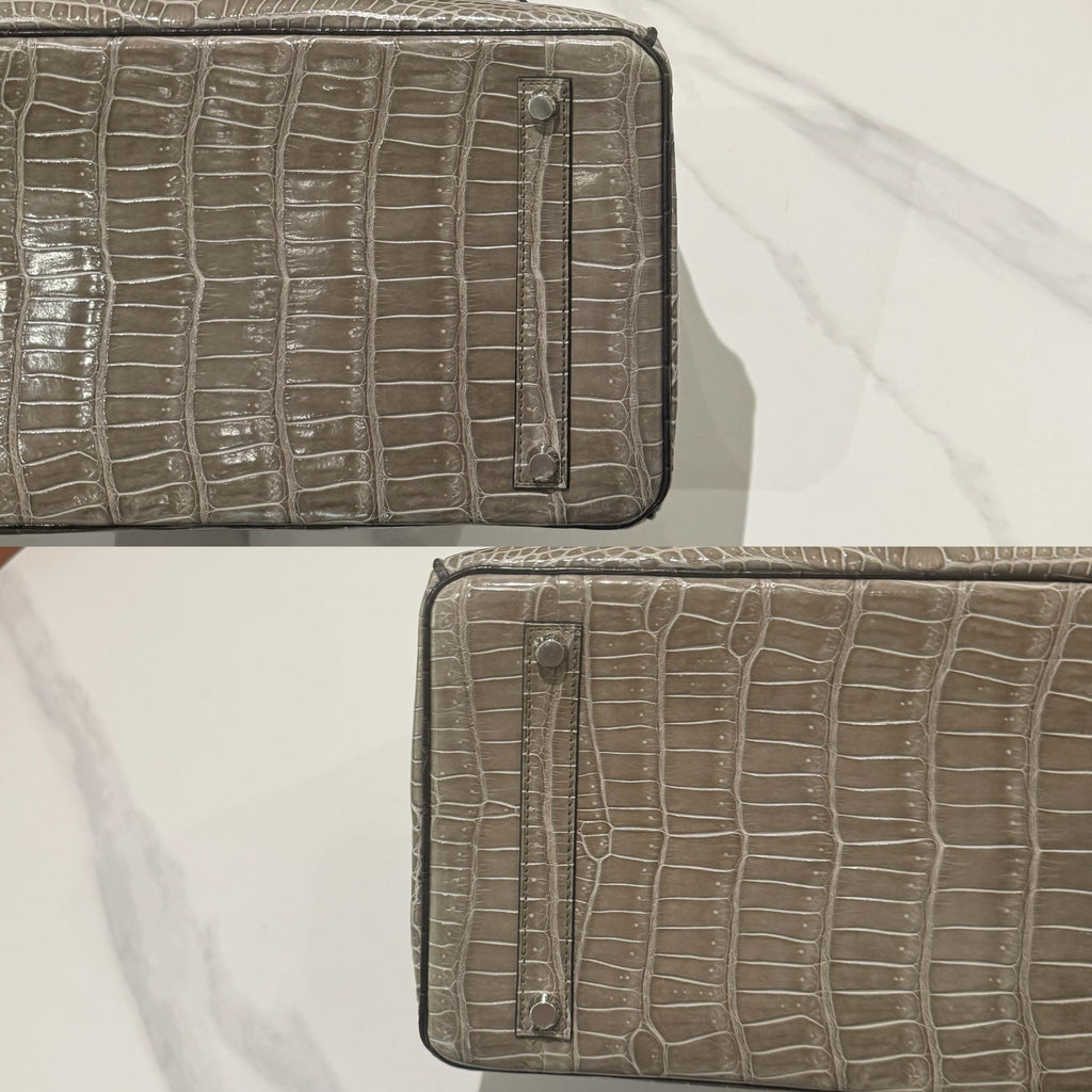 HERMÈS BIRKIN 35 GRIS TOURTERELLE CROCODILE POROSUS LISSE WITH BLACK HANDLE & PALLADIUM HARDWARE FULL STICKERS STAMP Y