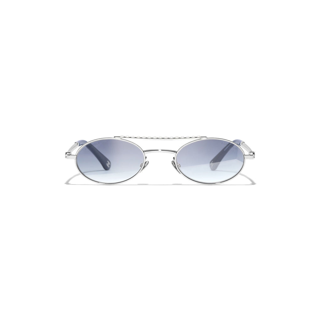Embellished Oval Sunglasses - Silver & Blue