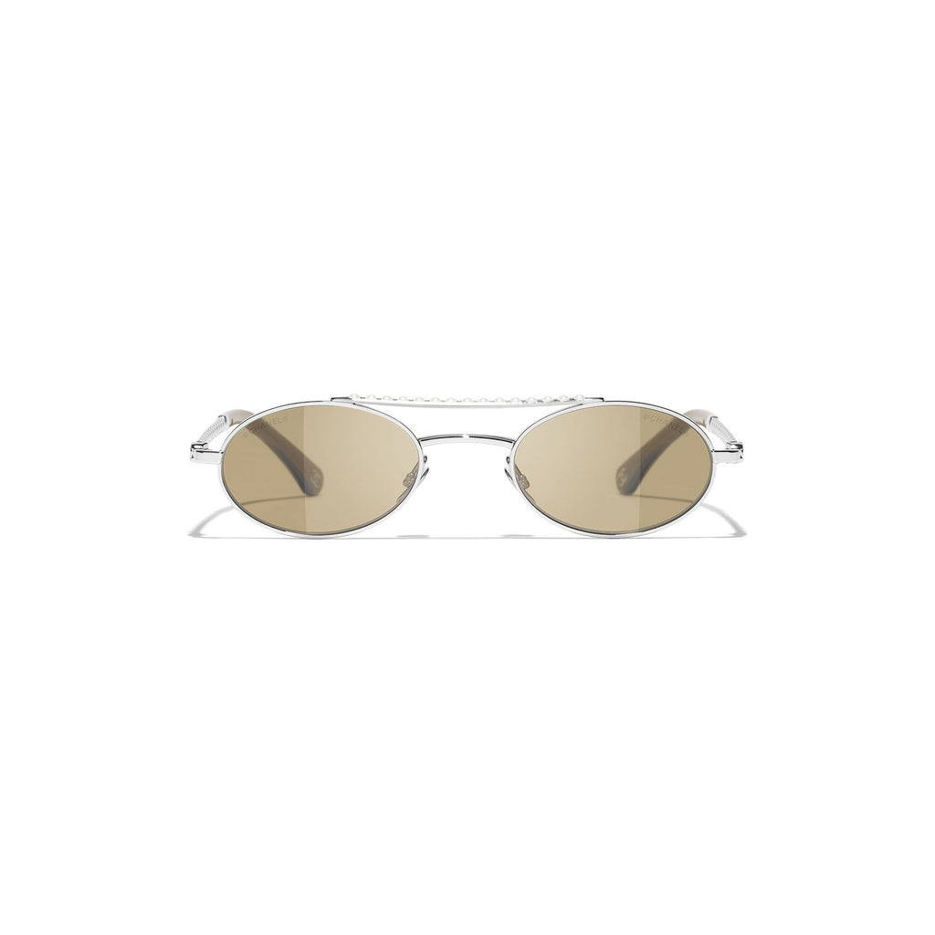 Pearl-Embellished Oval Sunglasses - Silver & Pearly White