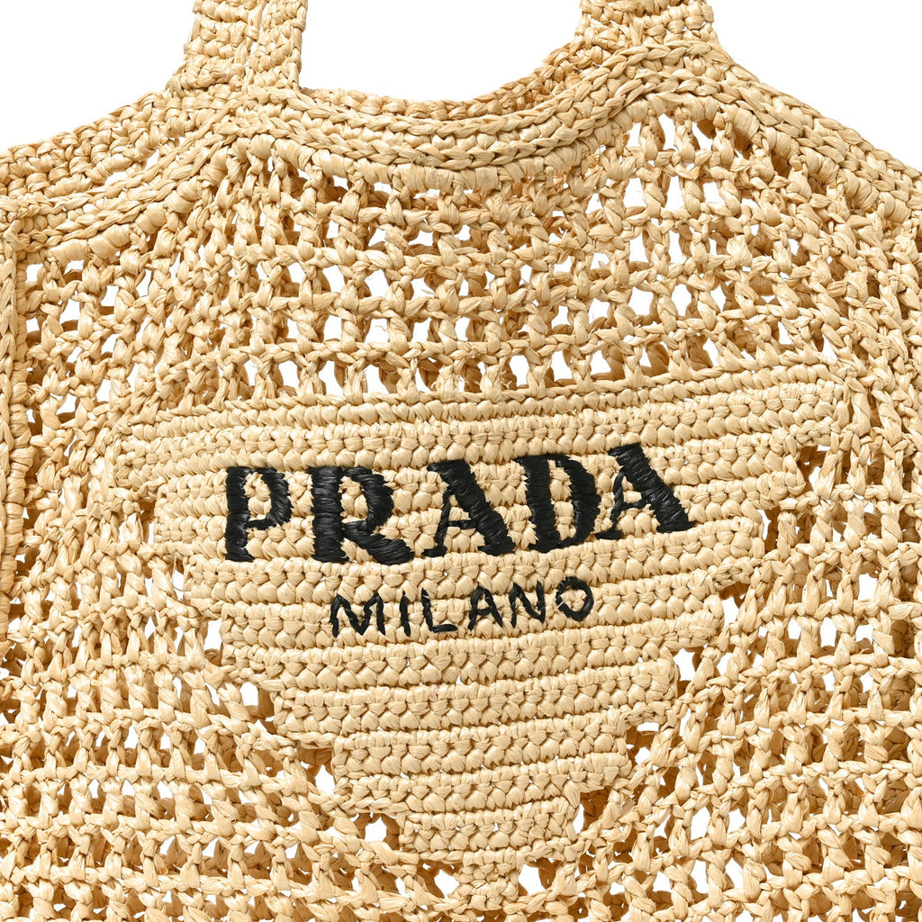Yarn Raffia Effect Crochet Logo Embroidered Tote Bag Naturale