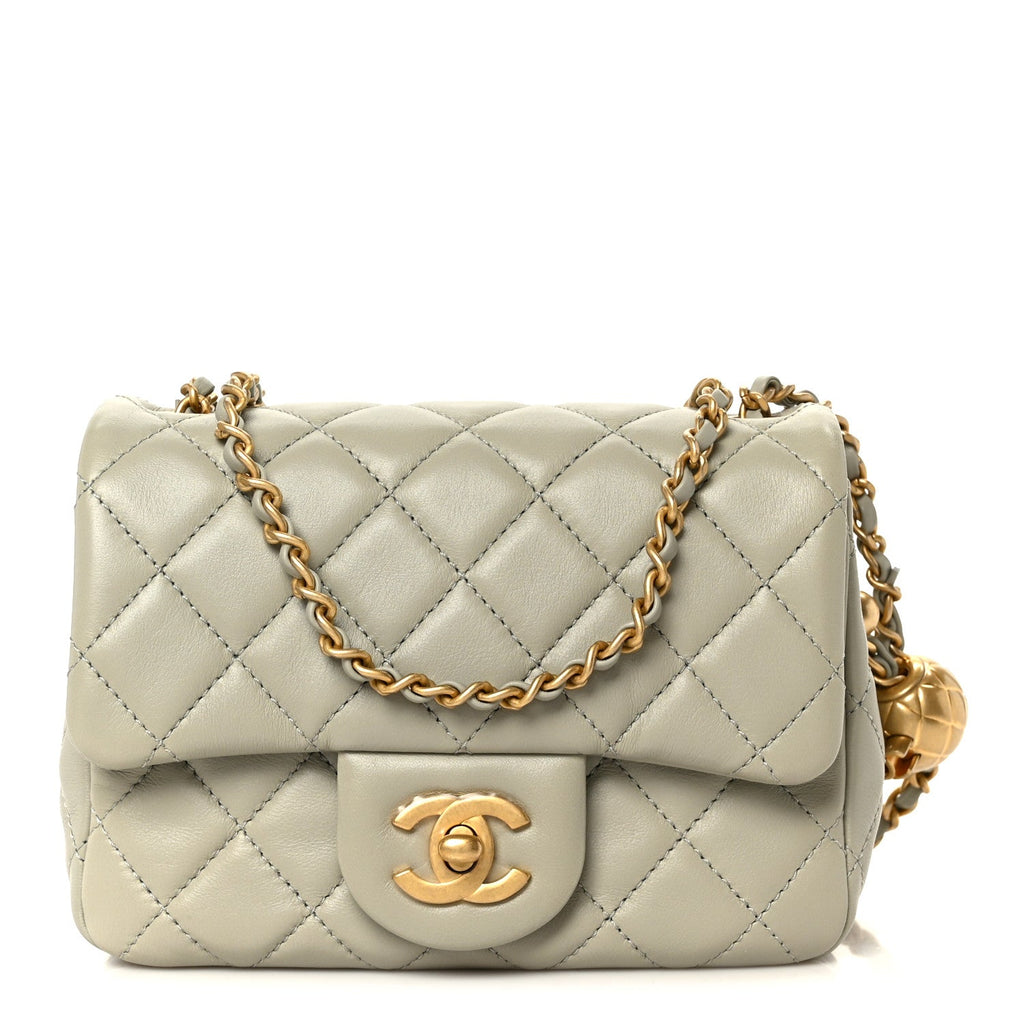 Lambskin Quilted Mini Pearl Crush Flap Light Grey