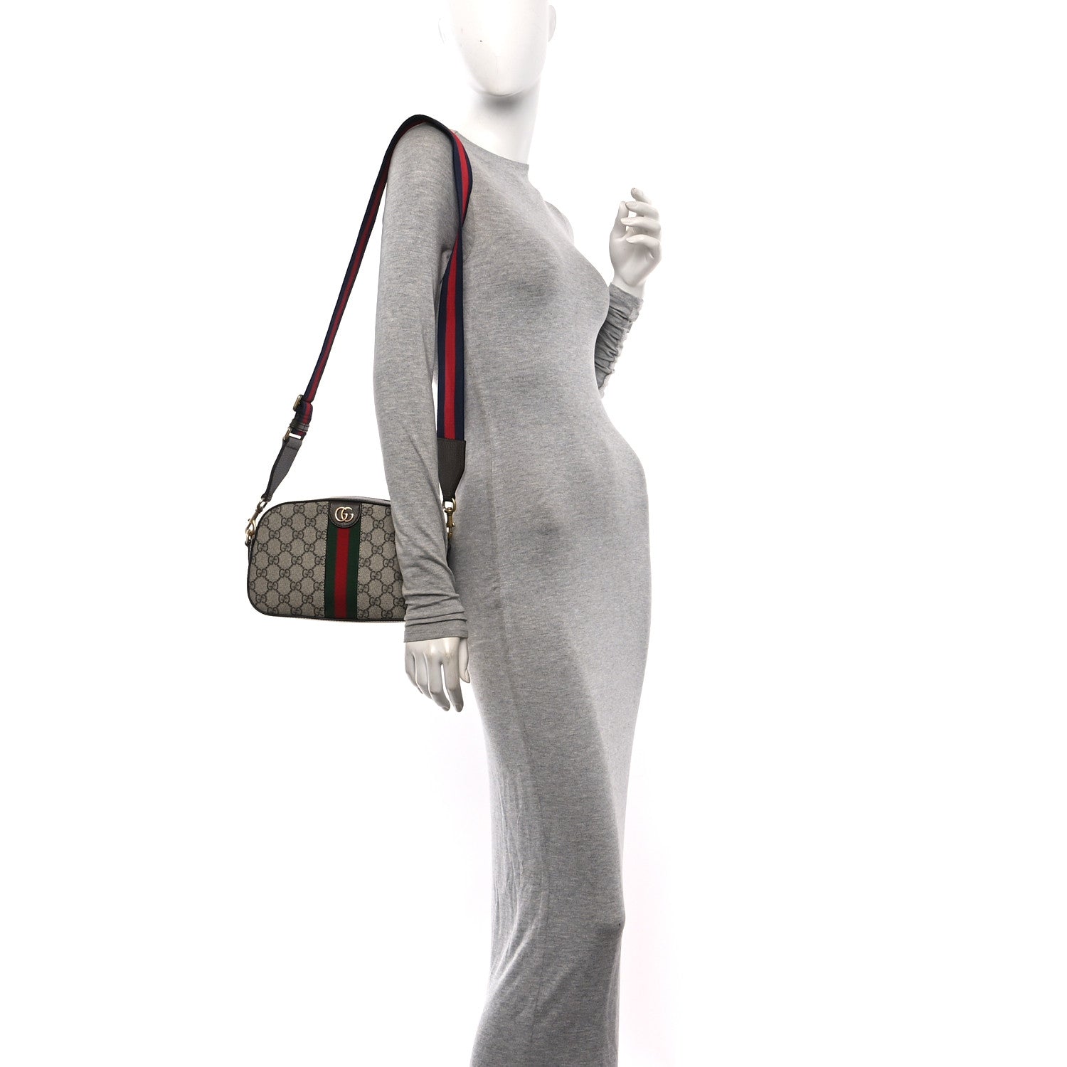 GG Supreme Monogram Textured Dollar Calfskin Web Ophidia Small Crossbody Bag Beige Ebony New Acero