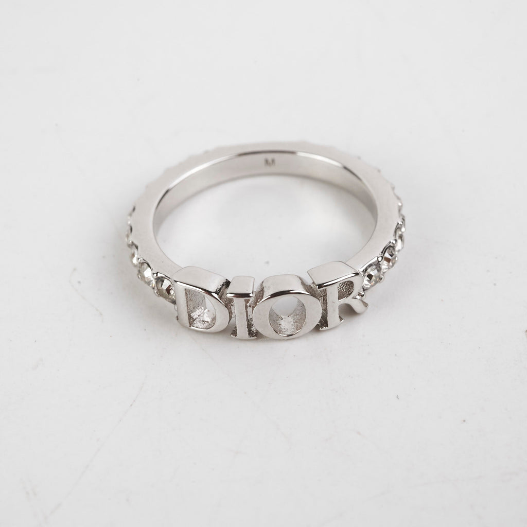 Christian Dior Logo Silver Rhinestone Ring Size M Costume Jewellery