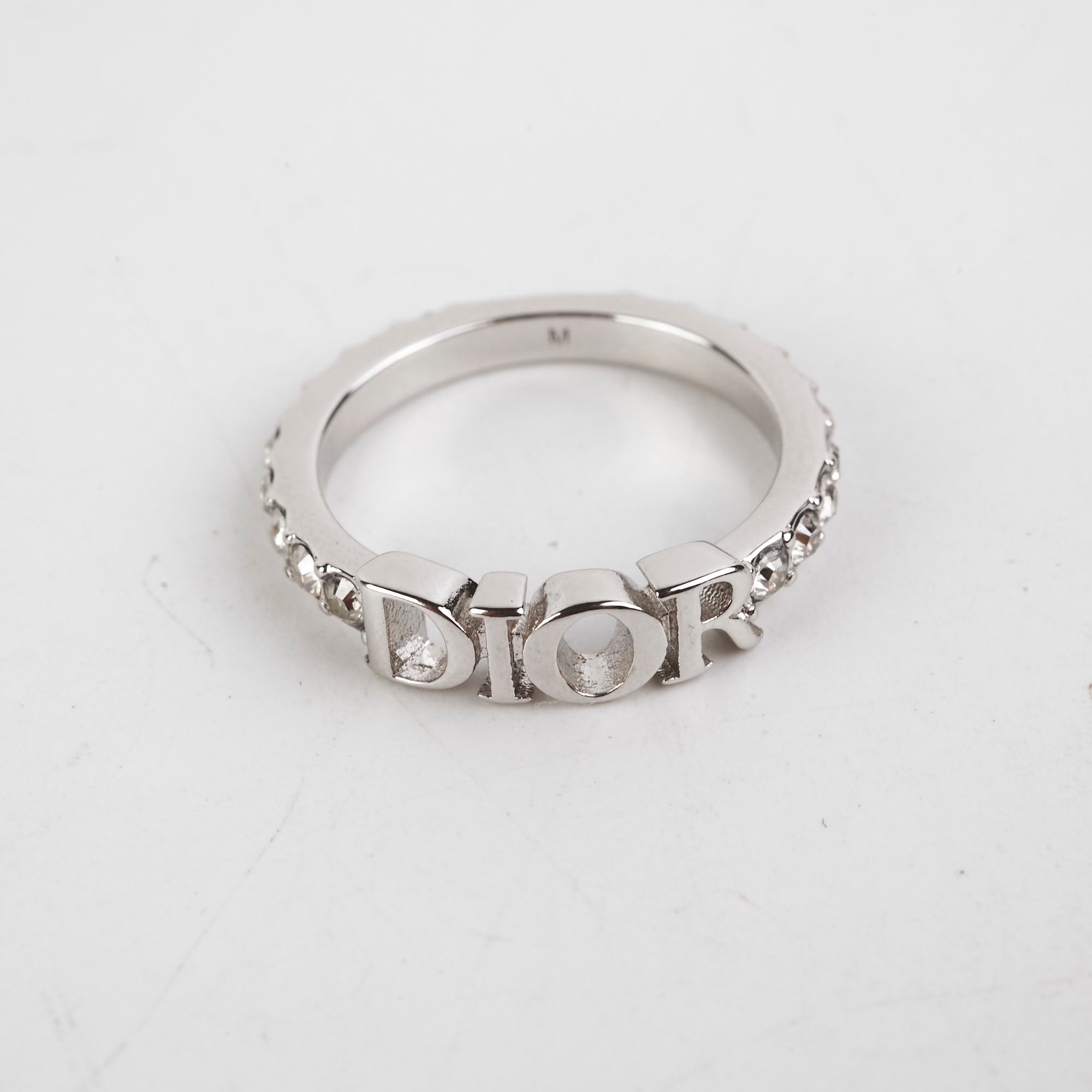 Christian Dior Logo Silver Rhinestone Ring Size M Costume Jewellery