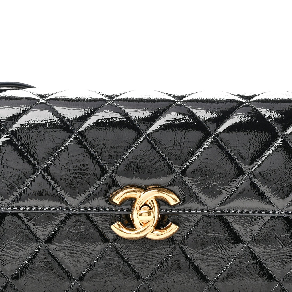 Patent Lambskin Quilted East West Flap Shoulder Bag Black