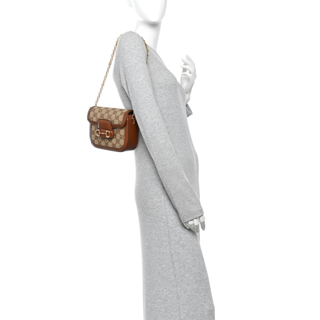 New Canvas Charisma Calfskin Crystal GG Monogram Mini Horsebit 1955 Shoulder Bag Camel Ebony