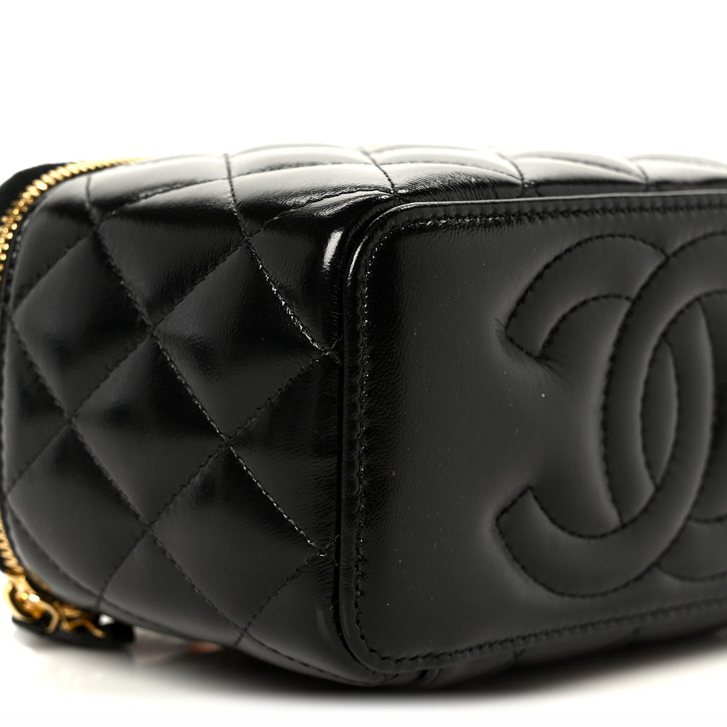 Shiny Lambskin Quilted Small Plexiglass Top Handle Vanity Case With Chain Black Tortoise