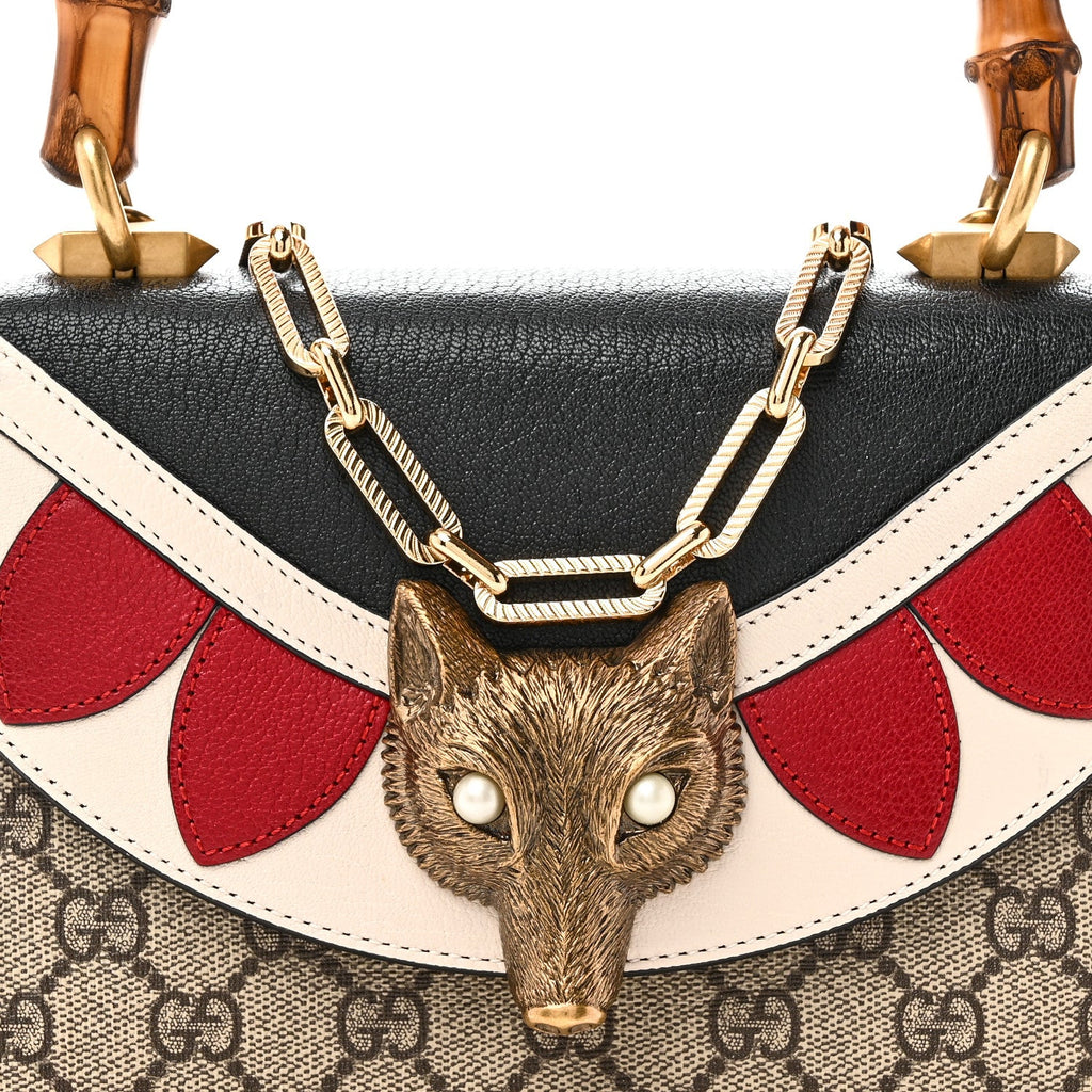 GG Supreme Monogram Goatskin Pearl Mini Fox Broche Bamboo Top Handle Bag Beige Ebony Black Hibiscus Red Mystic White
