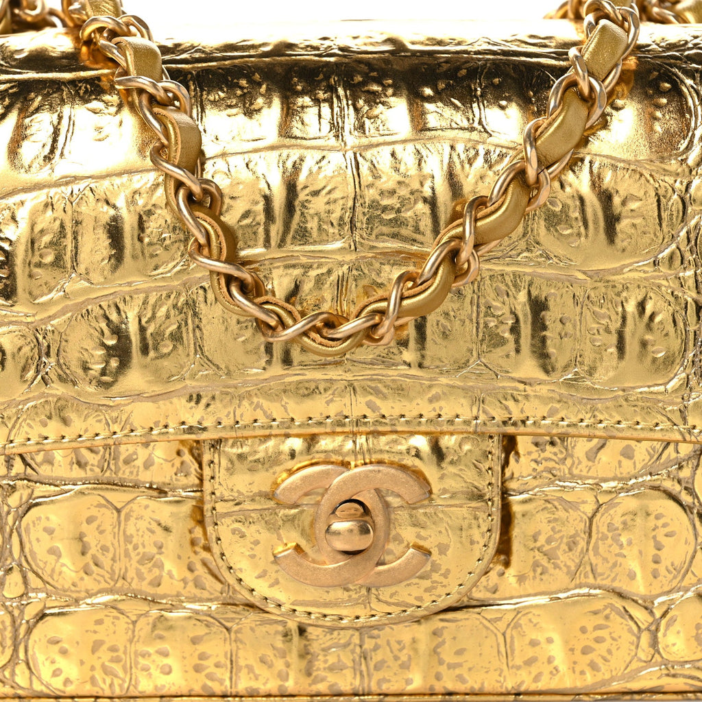 Metallic Calfskin Crocodile Embossed Cocodile Rectangular Mini Flap Gold