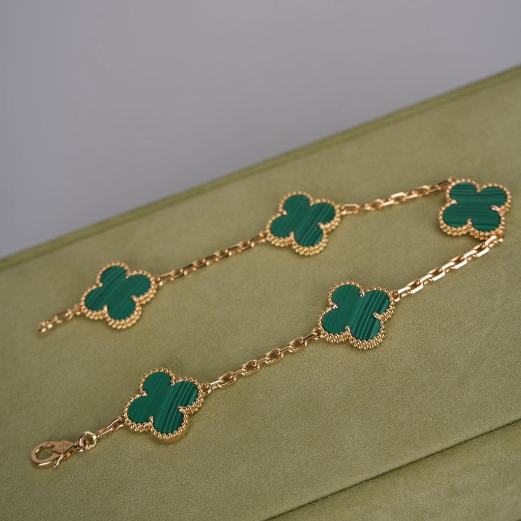 Van Cleef & Arpels 18k Yellow Gold Malachite 5 Motifs Vintage Alhambra Bracelet 2019