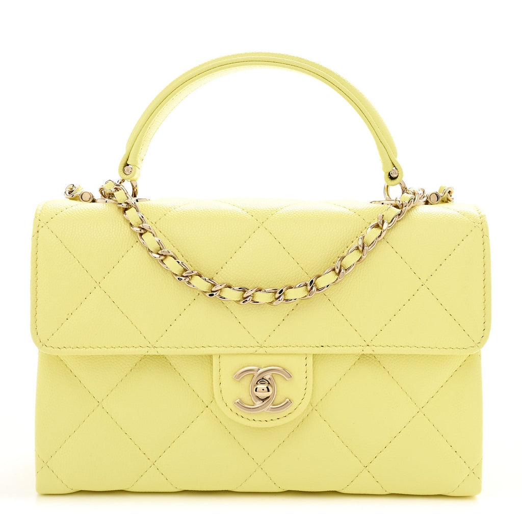 Caviar Quilted Retro Mini Twist Top Handle Clutch Flap Light Yellow