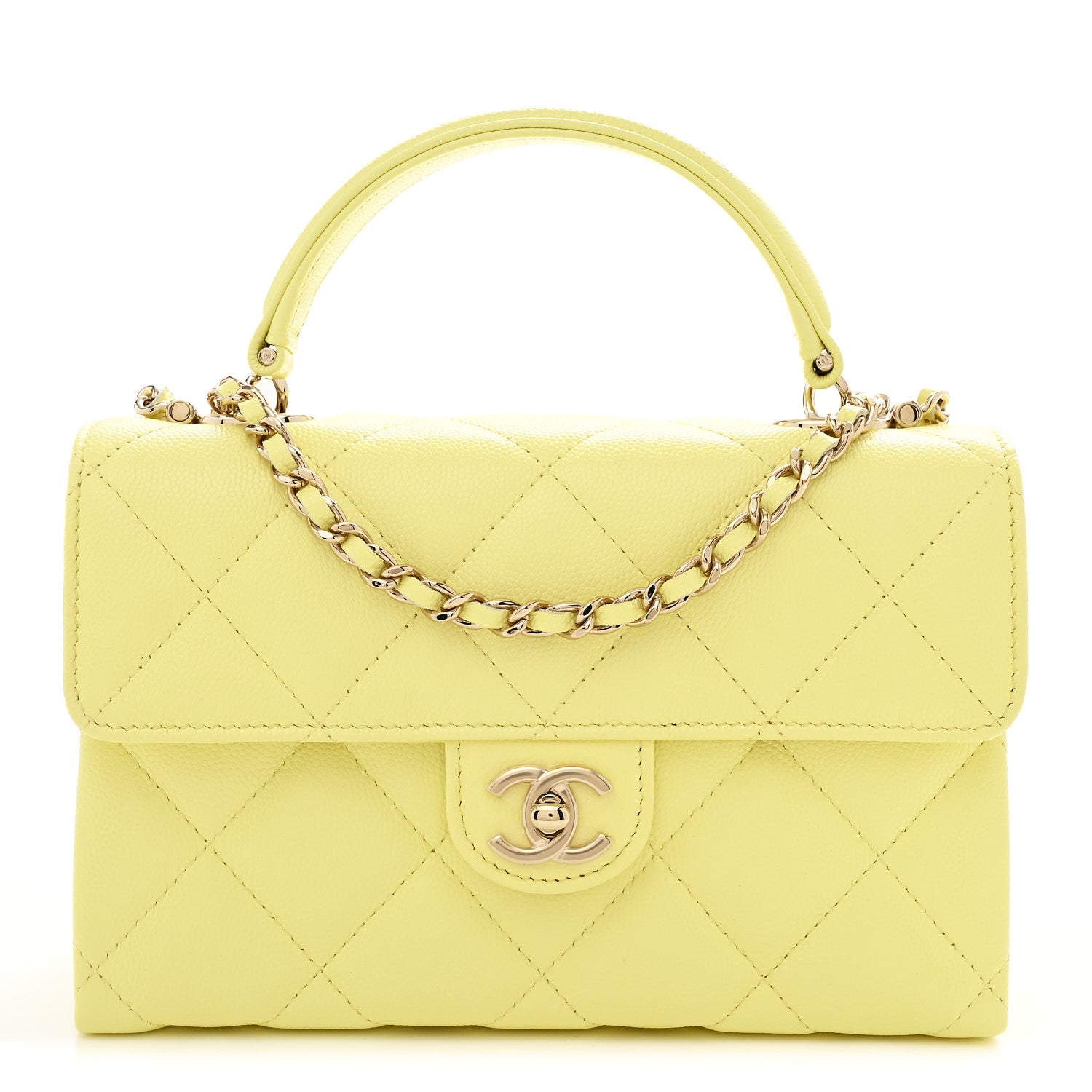 Caviar Quilted Retro Mini Twist Top Handle Clutch Flap Light Yellow