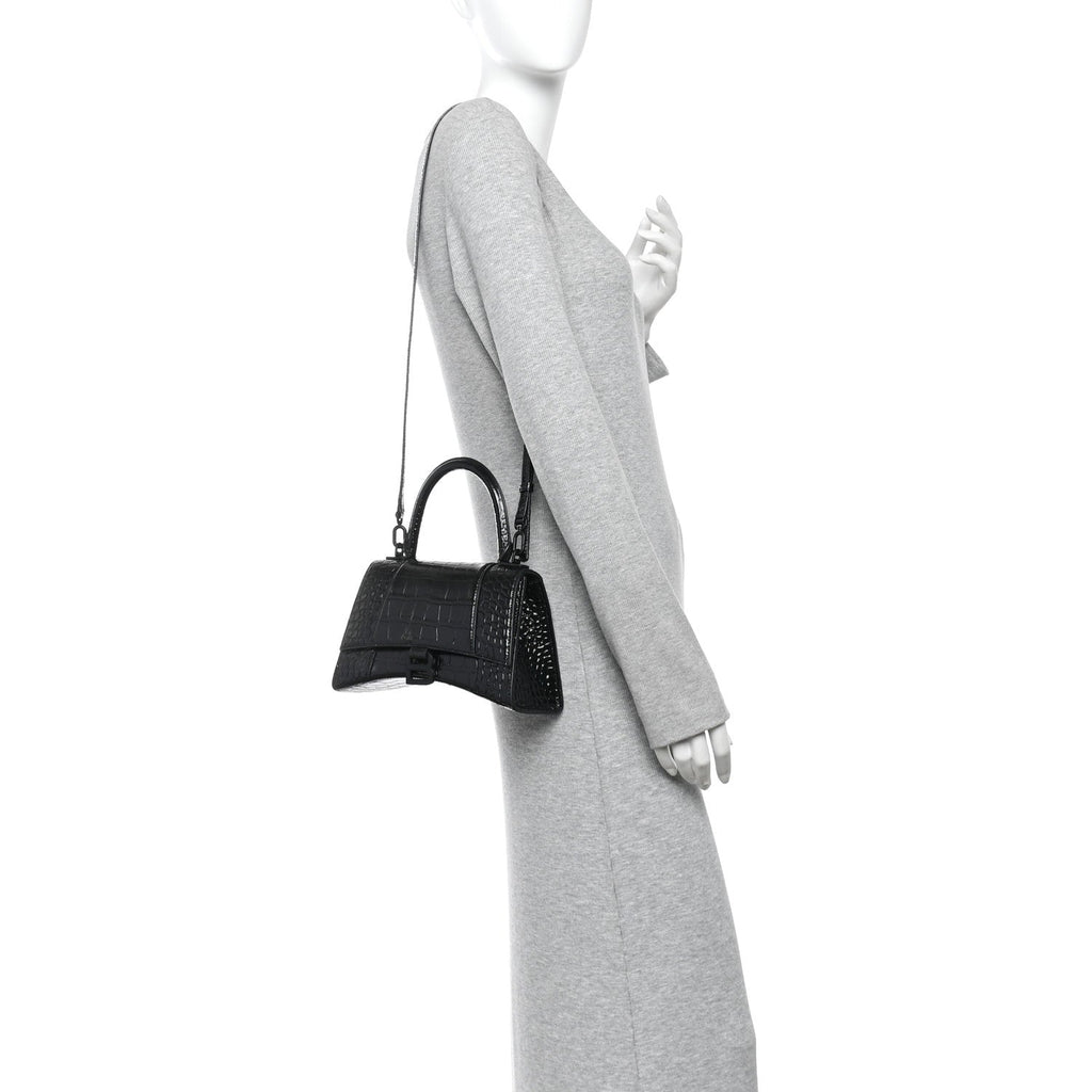 Shiny Calfskin Monochrome Crocodile Embossed Small Hourglass Top Handle Bag Black