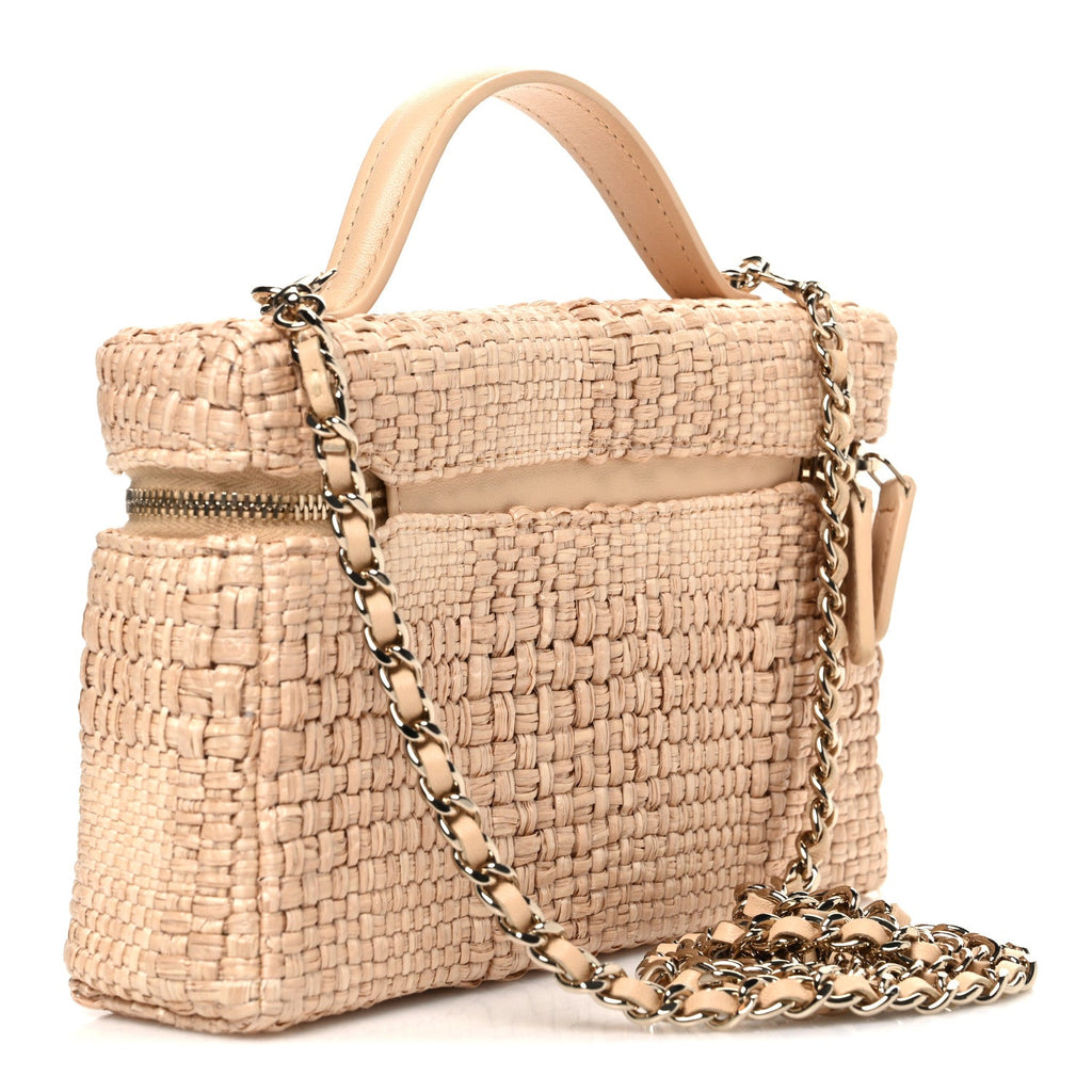 Braided Raffia Quilted Top Handle Slim Vanity Case With Chain Beige