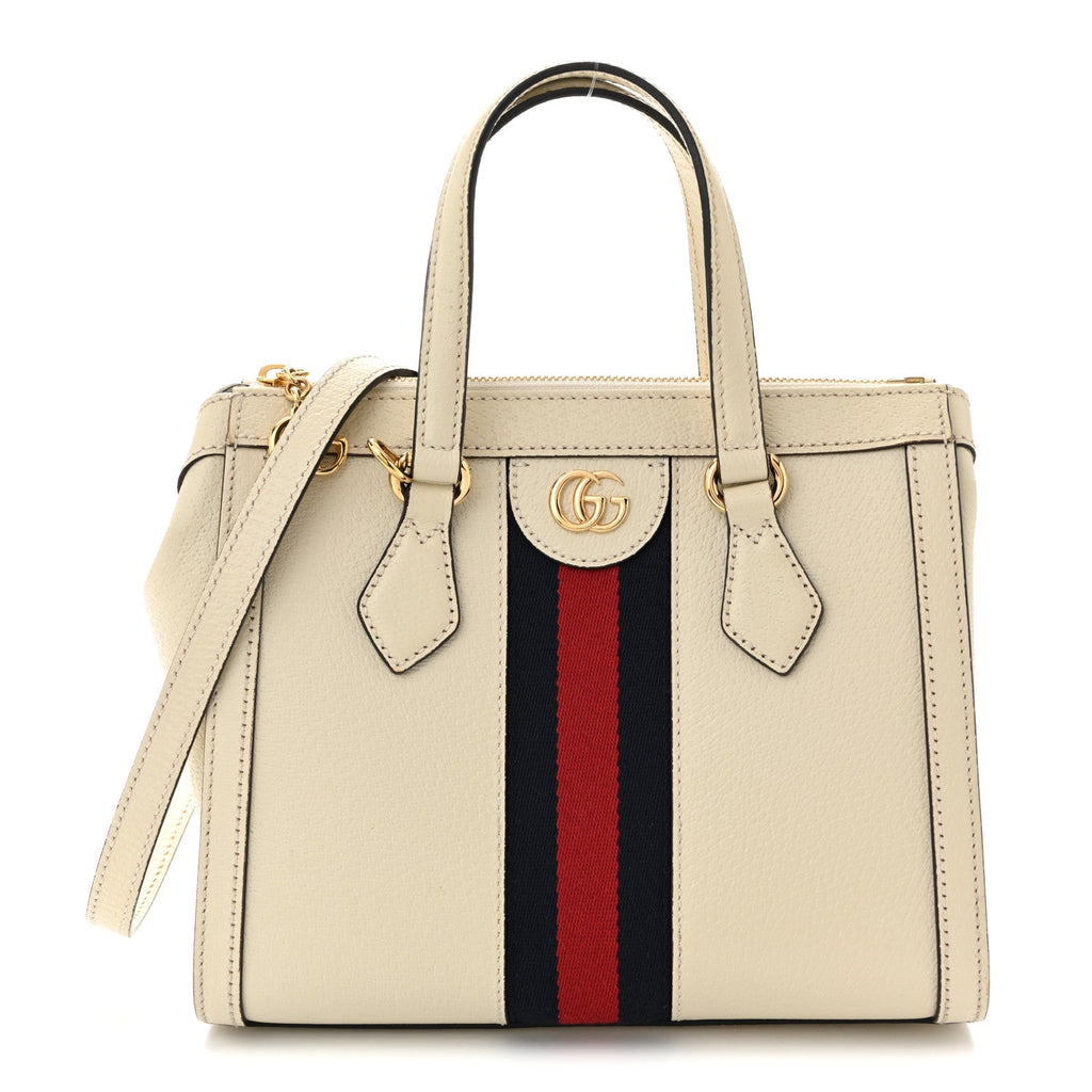 Textured Calfskin Web Small Ophidia Tote Bag Mystic White