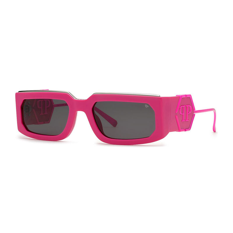 Philipp Plein Sunglasses Rectangle Full Rim, Polished Fuchsia/Silver Frame and Grey Lens SPP119M07BE