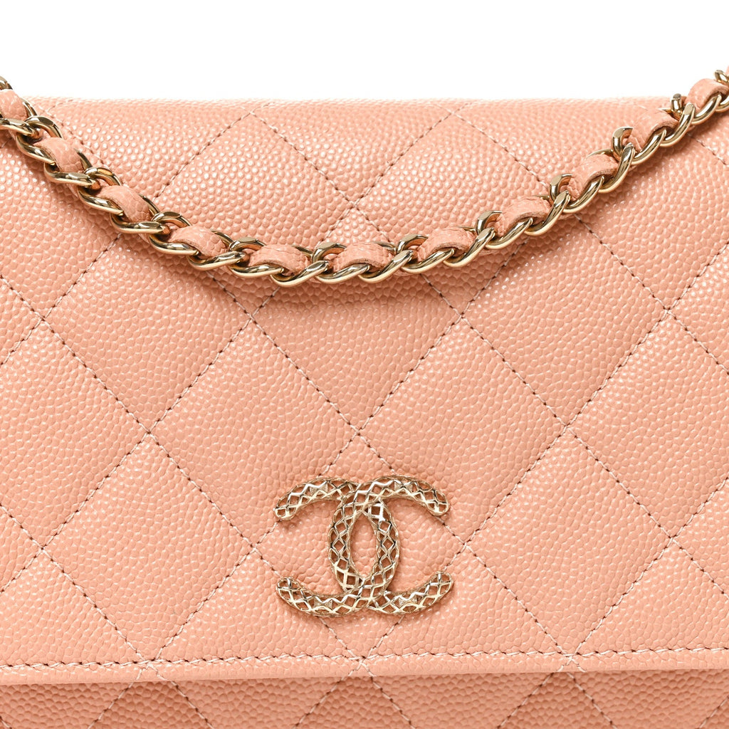 Caviar Quilted Perforated Metal CC Wallet On Chain WOC Beige