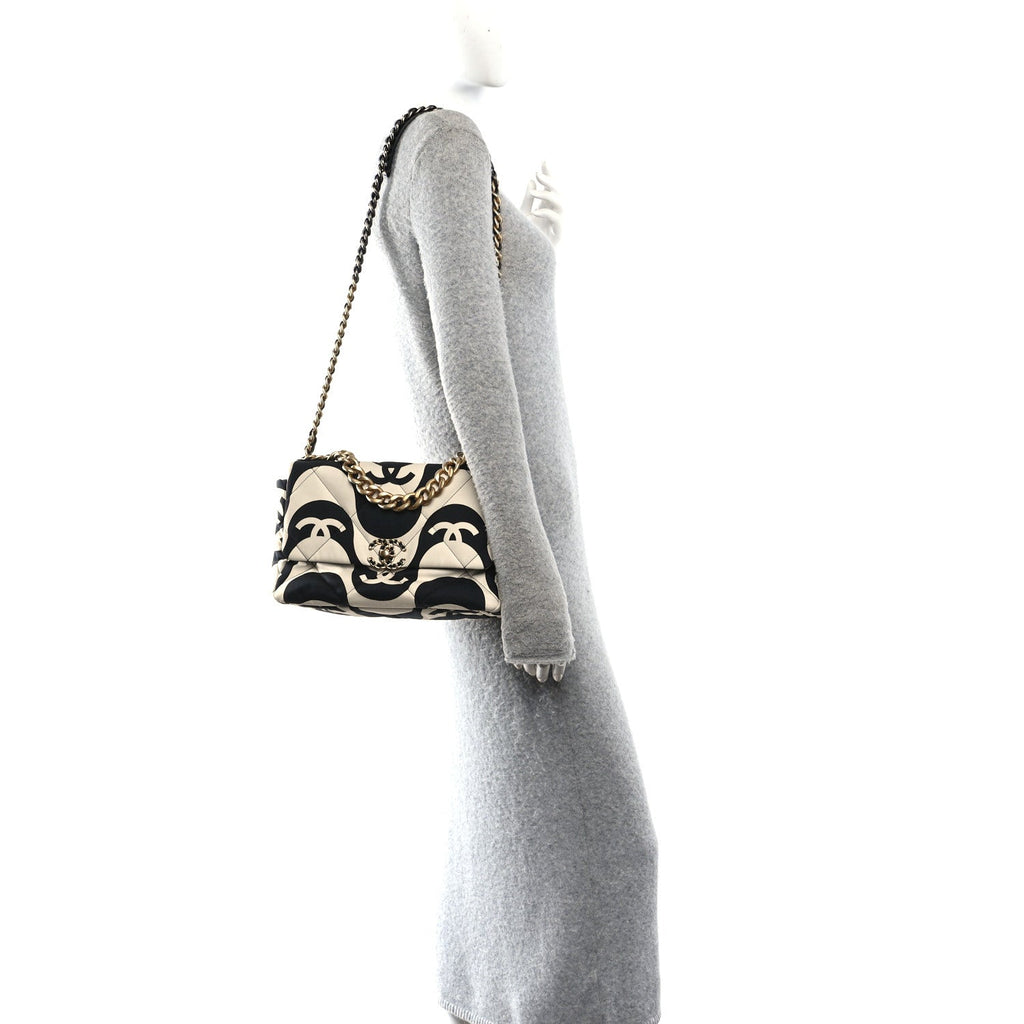Fabric Printed Large Chanel 19 Flap Black Ecru