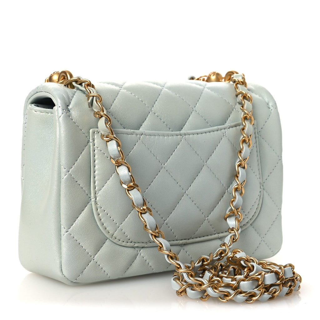 Shiny Lambskin Quilted Pearl Twist Mini Square Flap Light Blue