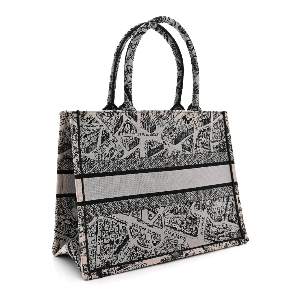 Canvas Embroidered Medium Plan De Paris Book Tote Grey Black