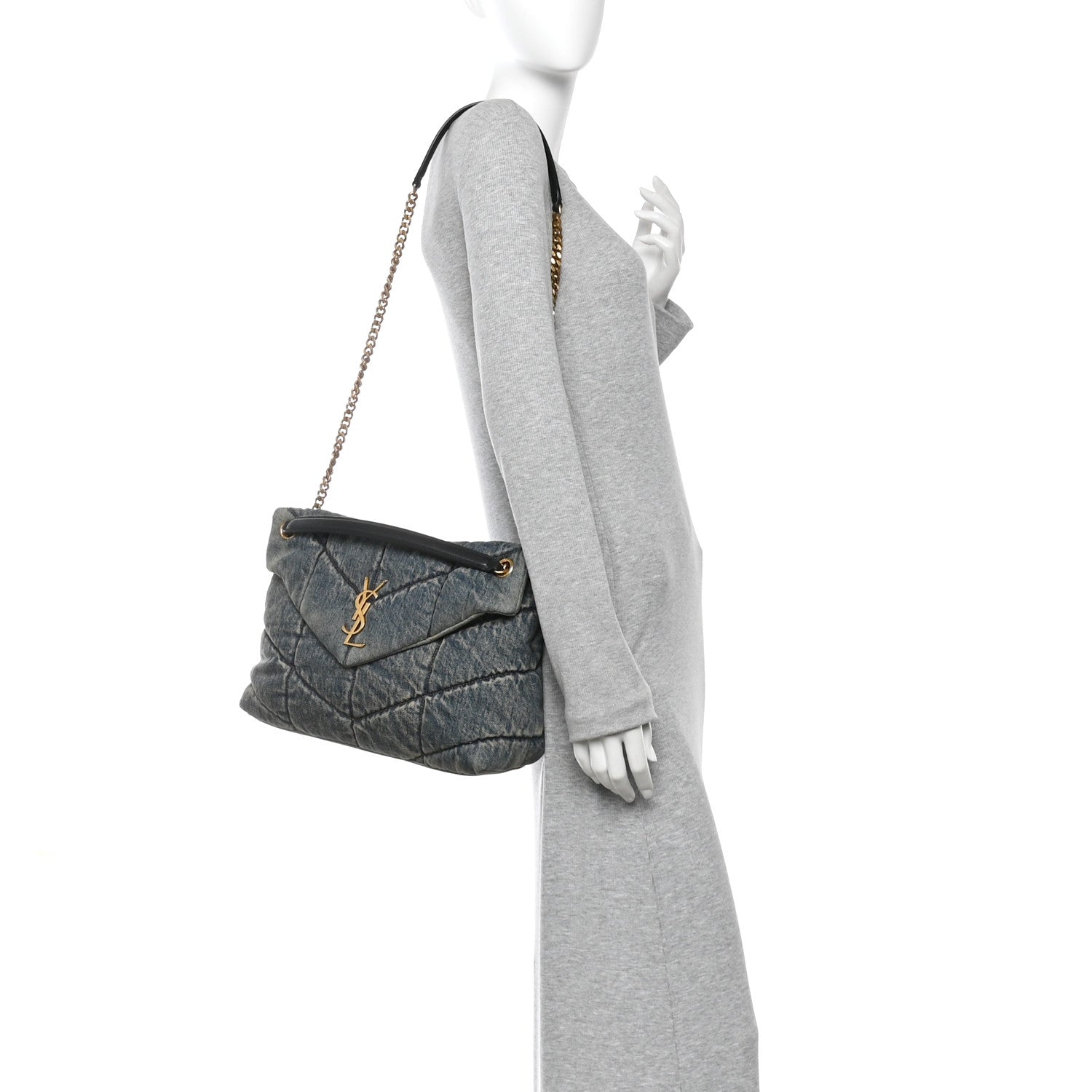 Denim Quilted Medium Loulou Puffer Monogram Chain Satchel Blue Cinnamon