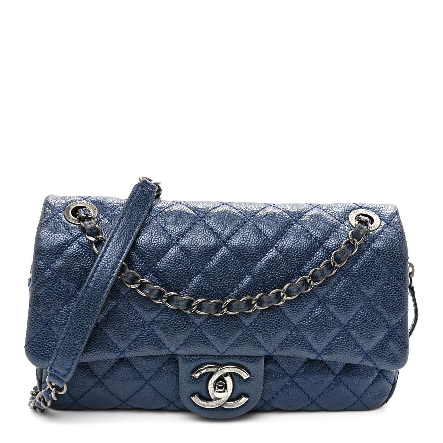 Iridescent Caviar Quilted Jumbo Easy Flap Dark Blue