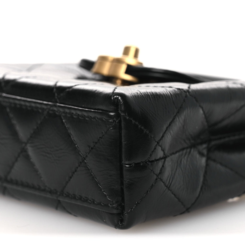 Shiny Aged Calfskin Quilted Mini Nano Kelly Shopper Black