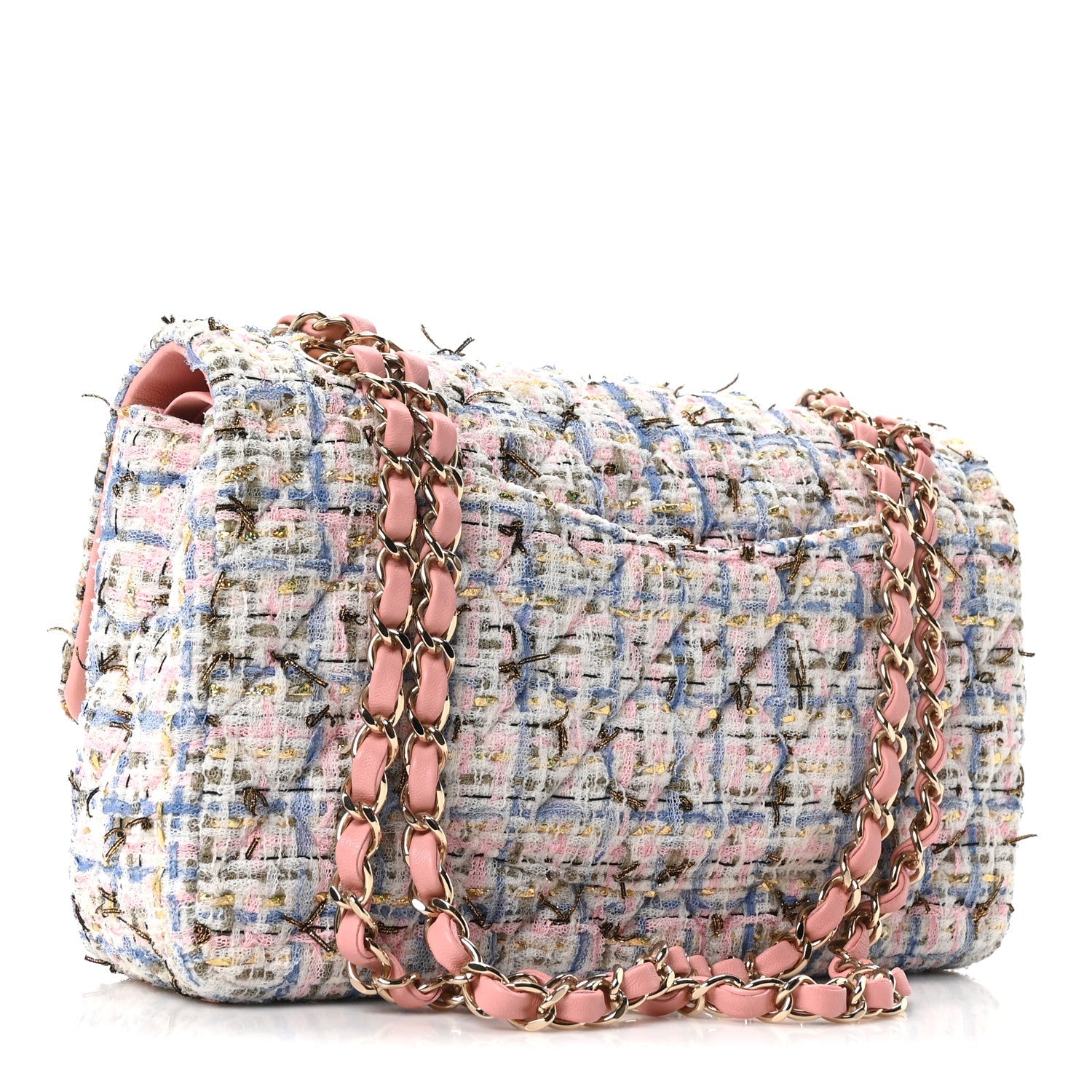 Tweed Quilted Medium Double Flap Blue Pink Gold White