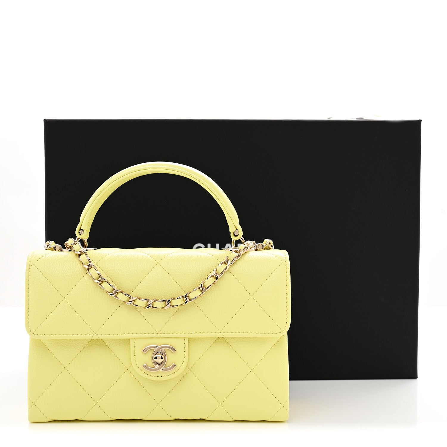 Caviar Quilted Retro Mini Twist Top Handle Clutch Flap Light Yellow