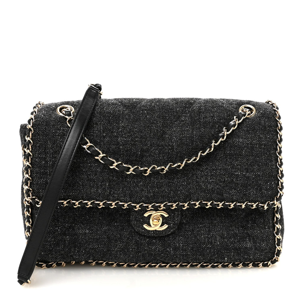 Wool Tweed Quilted Coco Neige Chain Around Flap Black