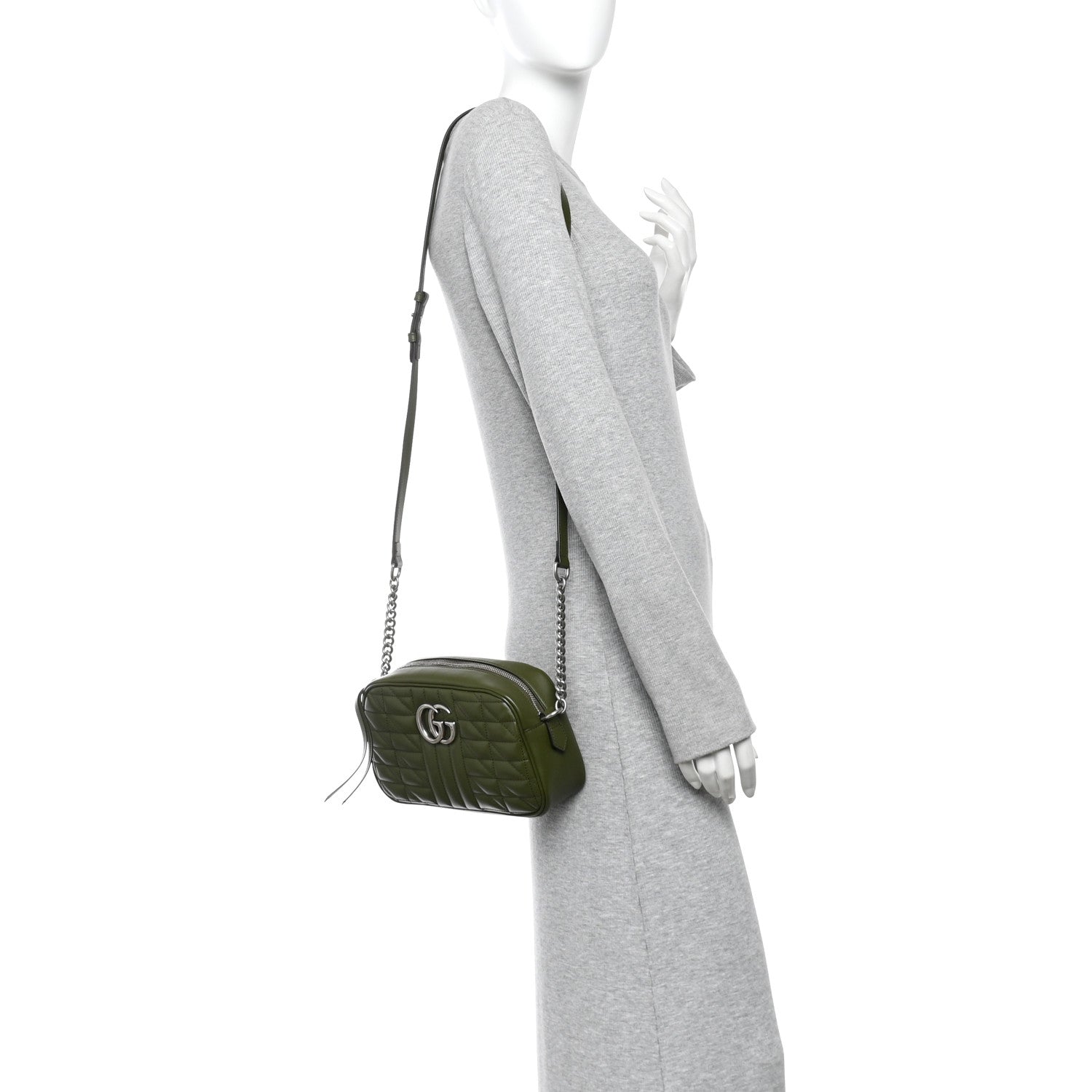 Calfskin Matelasse Aria Small GG Marmont Chain Shoulder Bag Military Wood