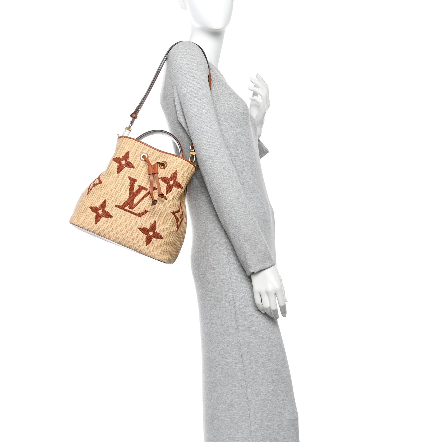 Raffia Calfskin Monogram Neonoe MM Tan