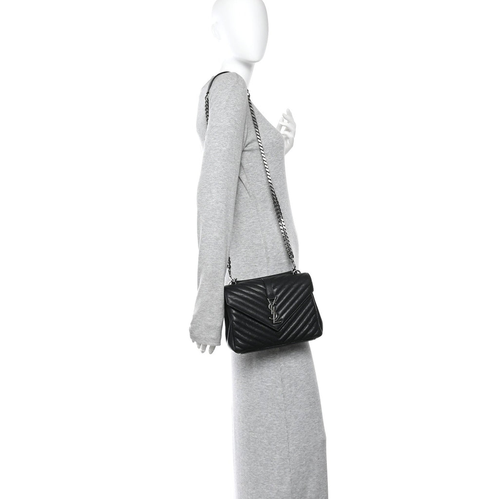 Sheepskin Matelasse Chevron Monogram Medium College Bag Black