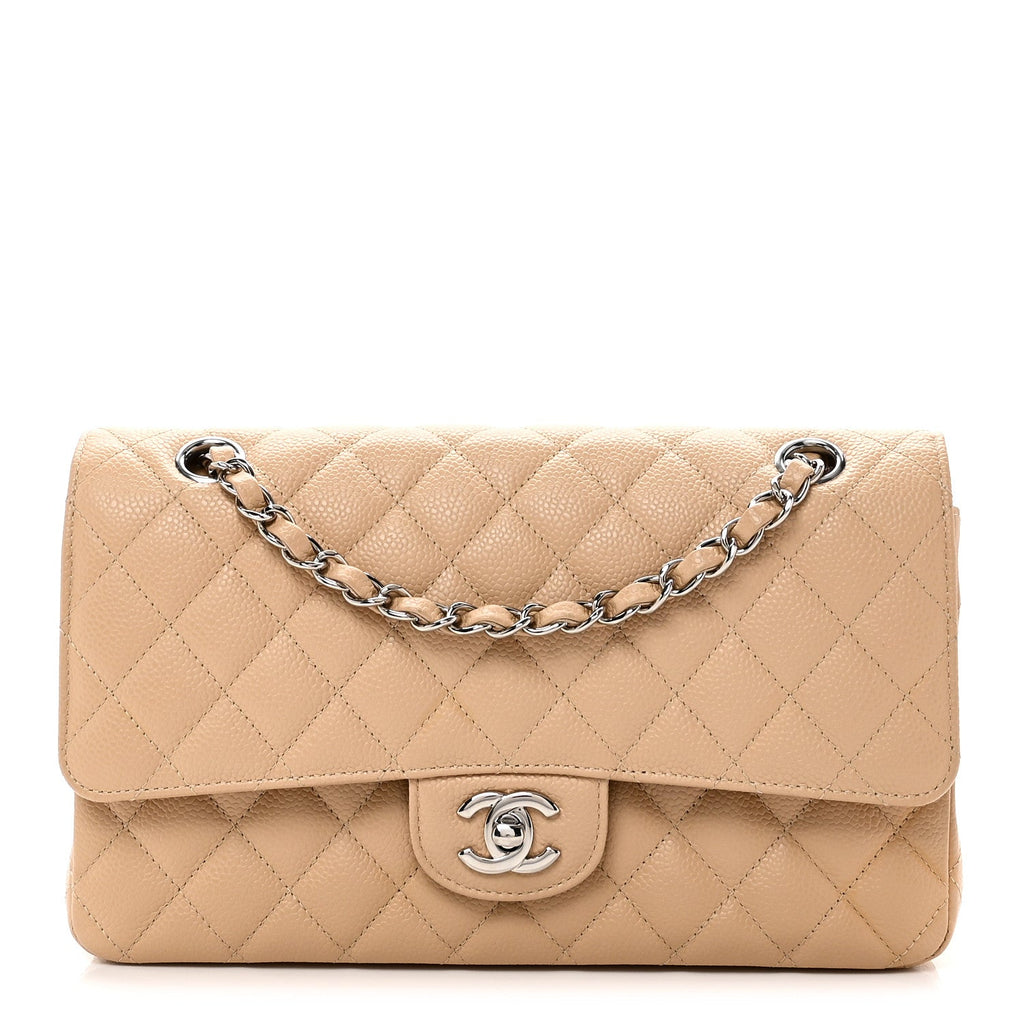 Caviar Quilted Medium Double Flap Beige