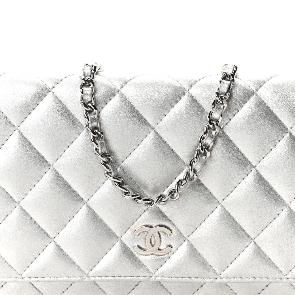 Metallic Lambskin Quilted Wallet On Chain WOC Silver