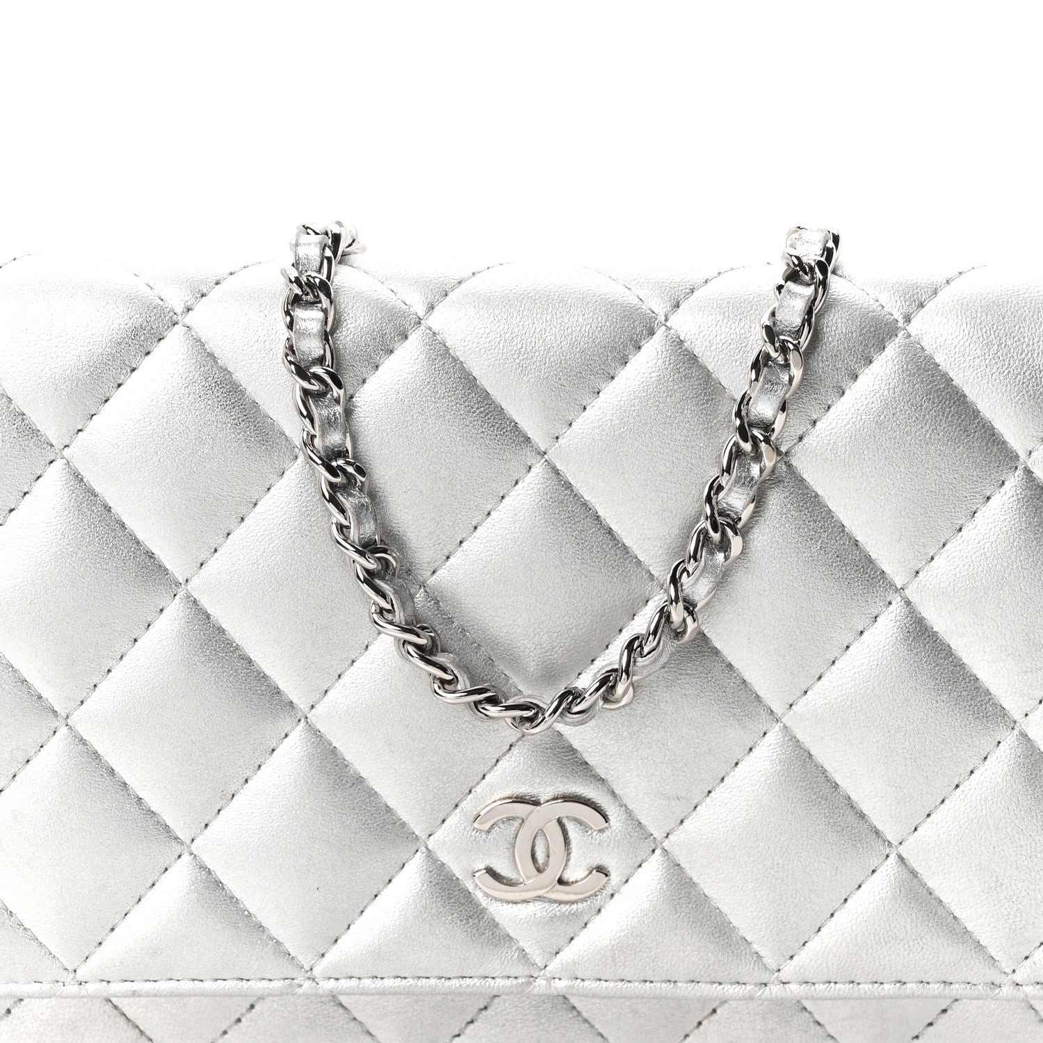 Metallic Lambskin Quilted Wallet On Chain WOC Silver