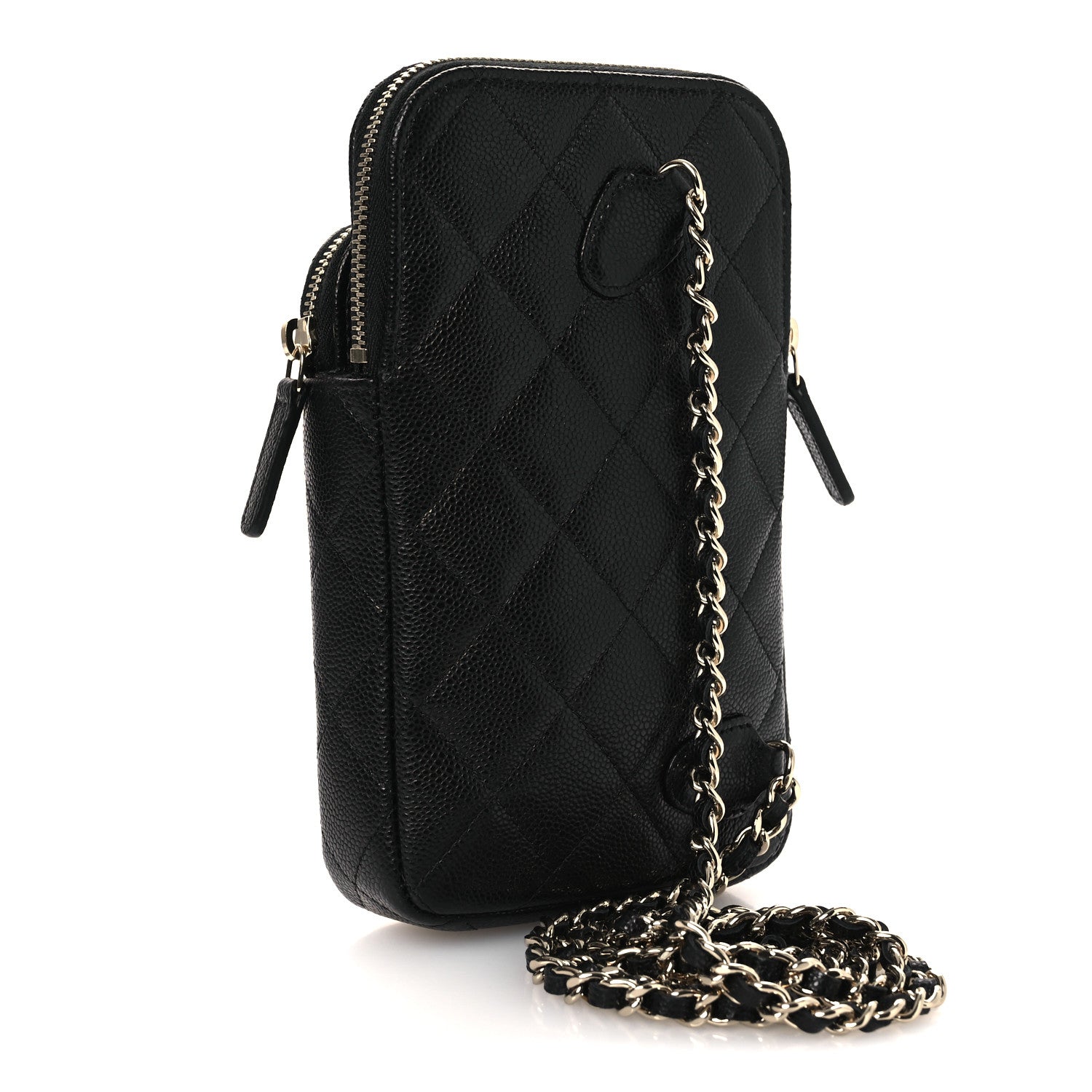 Caviar Quilted Phone Holder With Chain Black