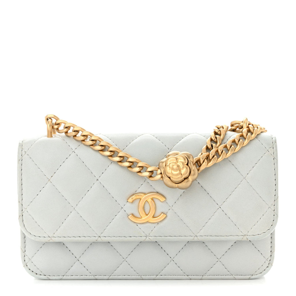Lambskin Quilted Sweet Camellia Flap Phone Holder With Chain Light Blue