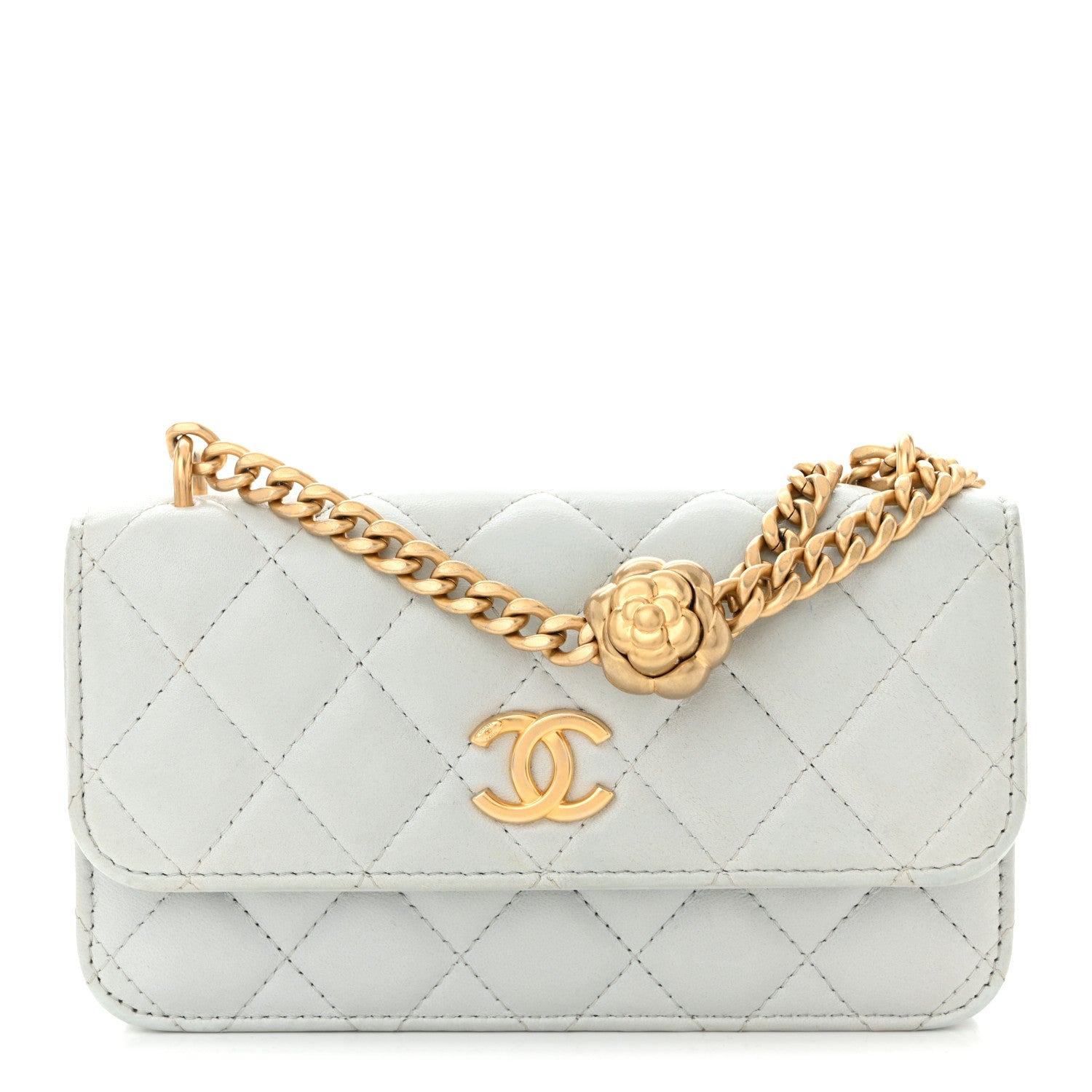 Lambskin Quilted Sweet Camellia Flap Phone Holder With Chain Light Blue
