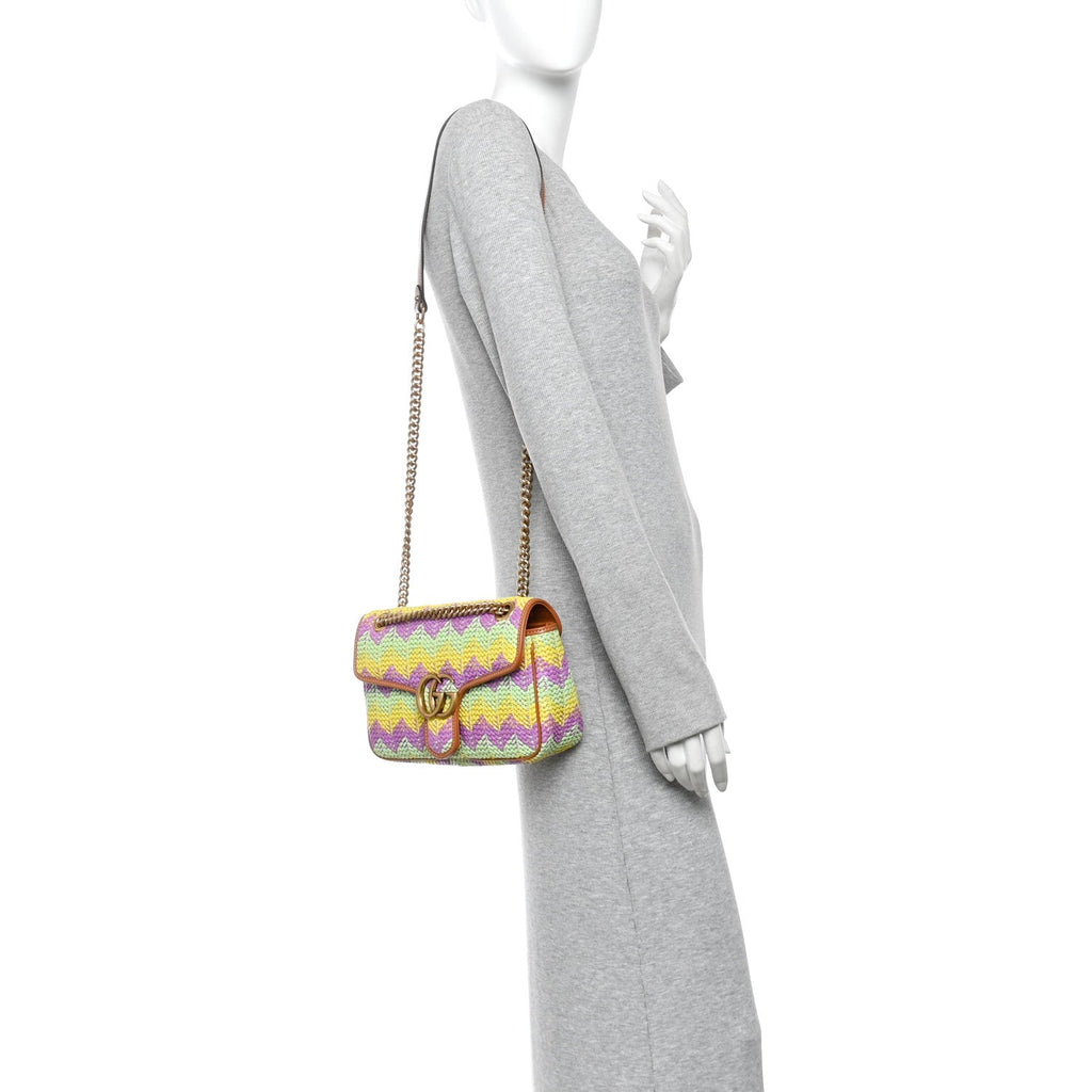 Calfskin Raffia Woven Small GG Marmont Shoulder Bag Multicolor