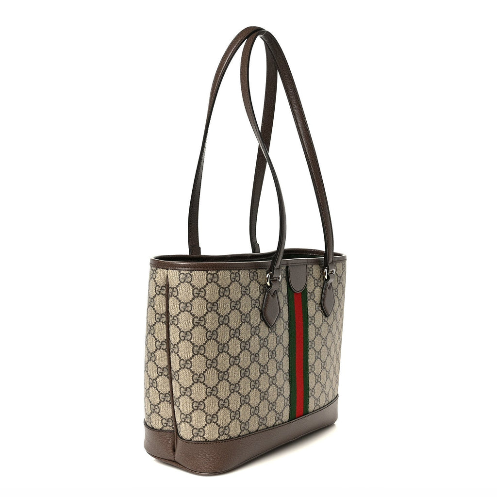 GG Supreme Monogram Textured Calfskin Web Small Ophidia Shoulder Tote Bag Beige Ebony New Acero