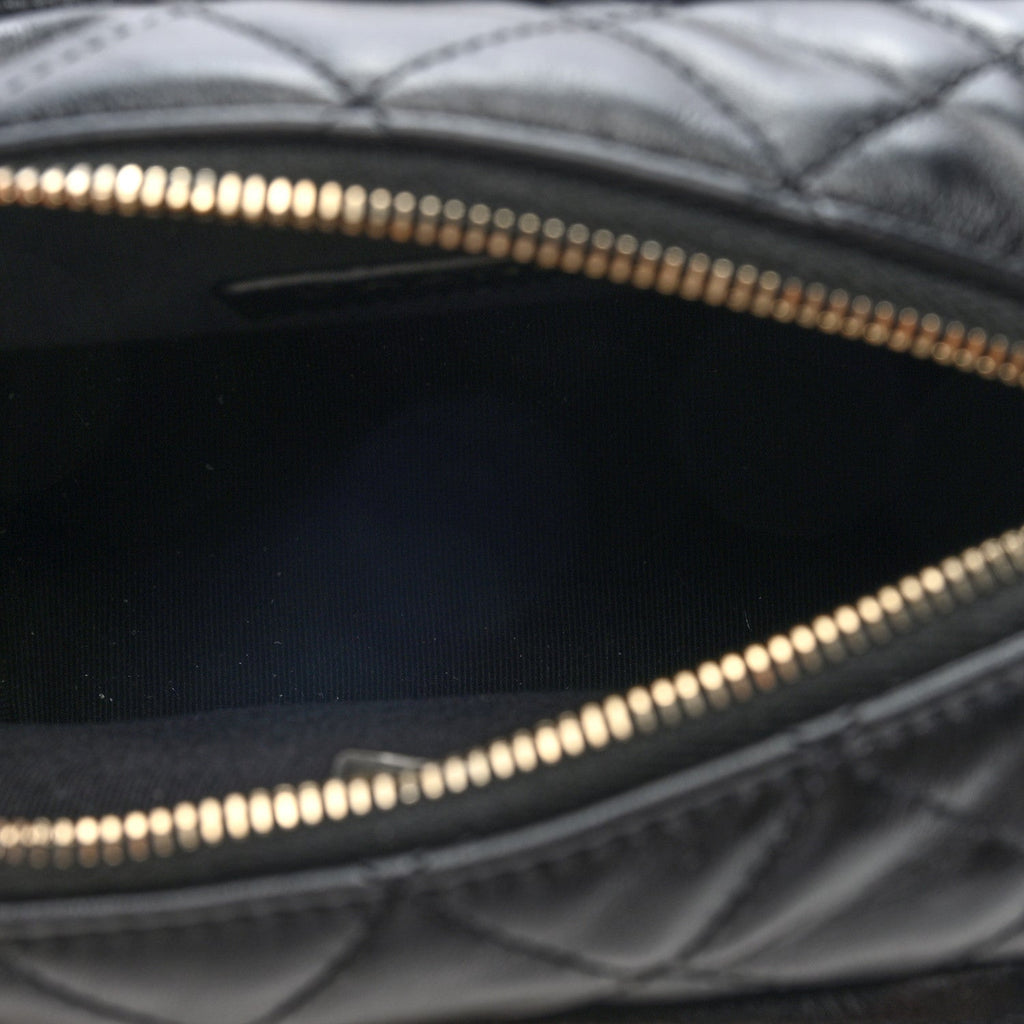Shiny Crumpled Lambskin Quilted Small Preppy Pocket Camera Case Black