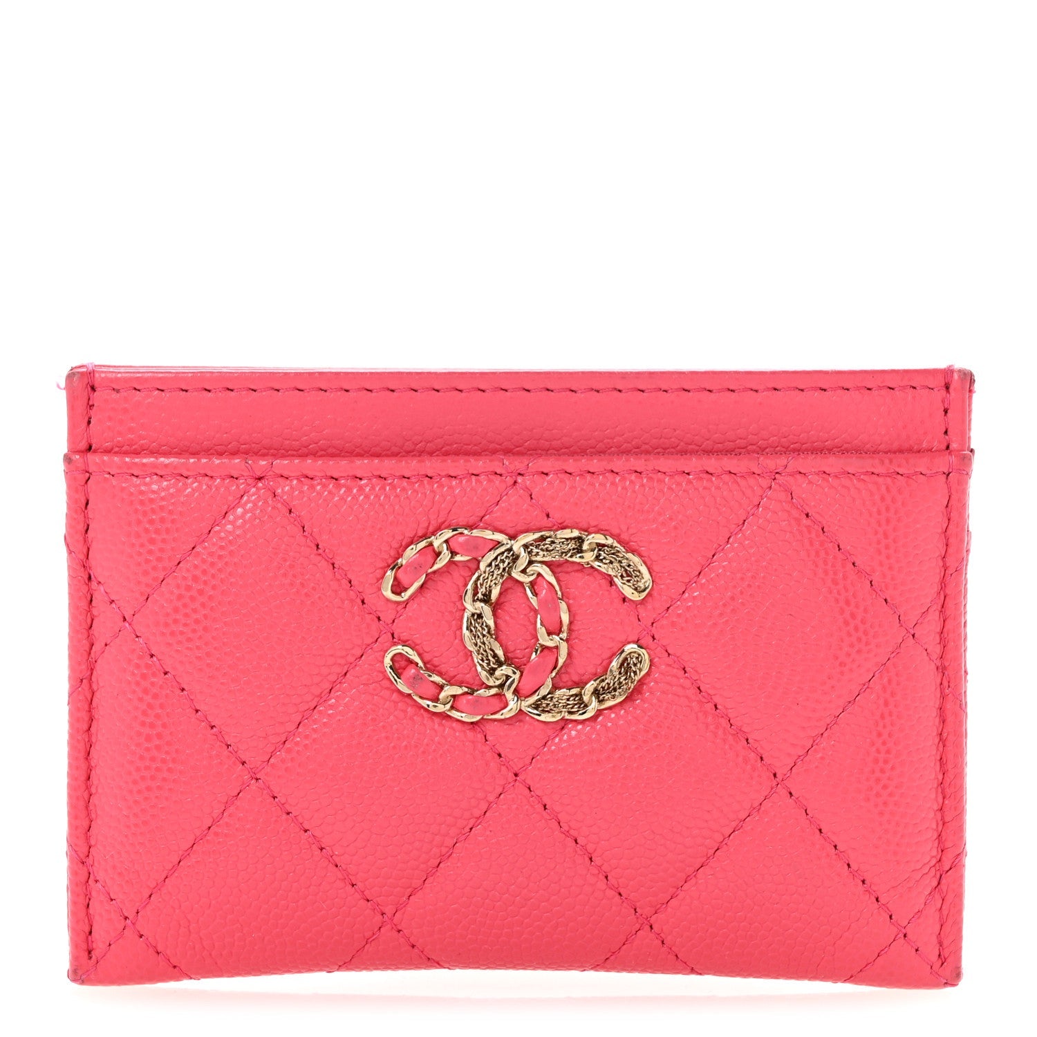 Caviar Quilted Chain CC Card Holder Dark Pink
