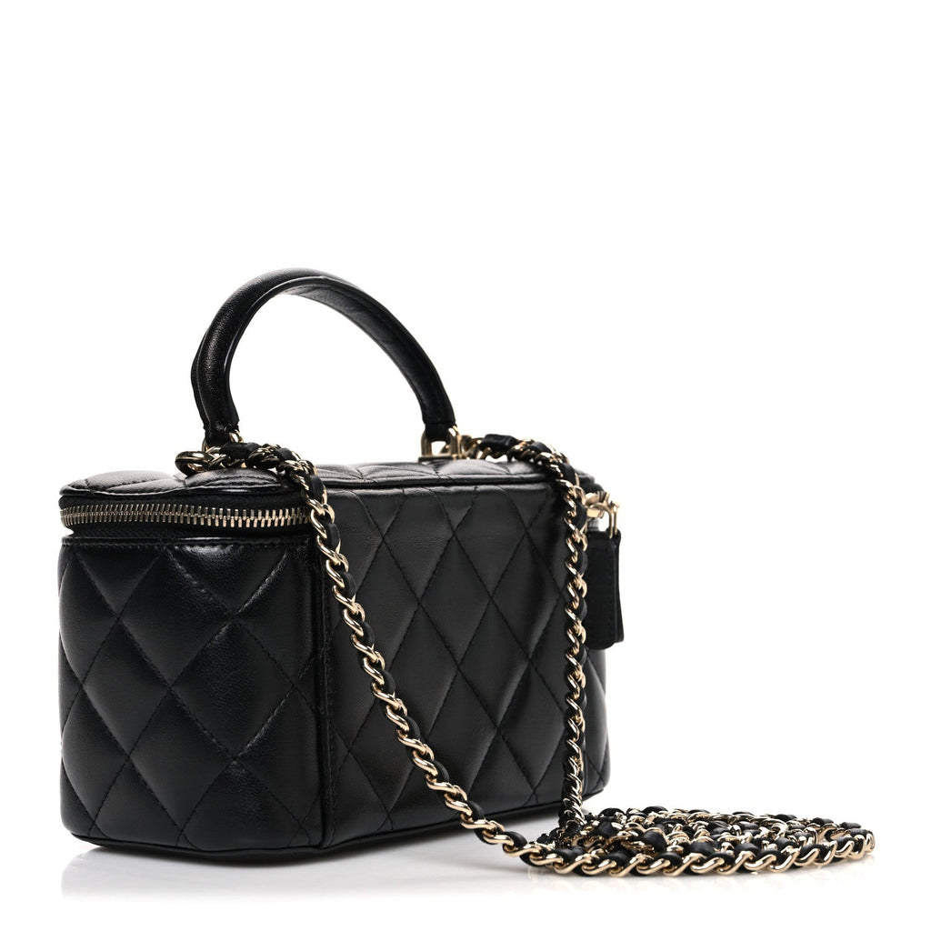 Lambskin Quilted Small Top Handle Vanity Case With Chain Black